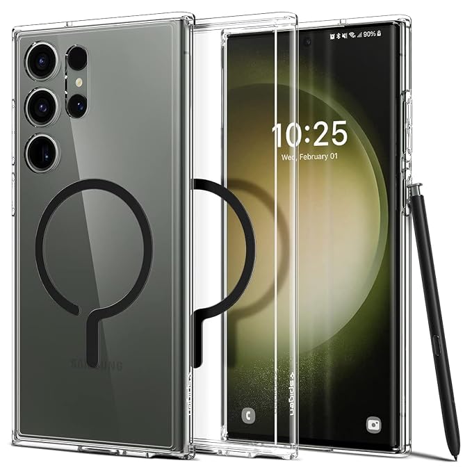 Spigen Ultra Hybrid OneTap Metal Ring MagFit | Samsung Galaxy S23 Ultra Case [MagSafe] [Transparent] Galaxy S23 Ultra Back Cover | TPU+PC - Black