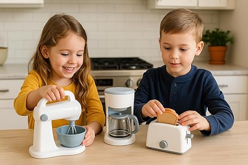 Miniatura 3 de Juego de electrodomésticos de cocina para niños, mezclador, cafetera y tostadora, juego de juguetes de cocina de simulación, paquete blanco de 3