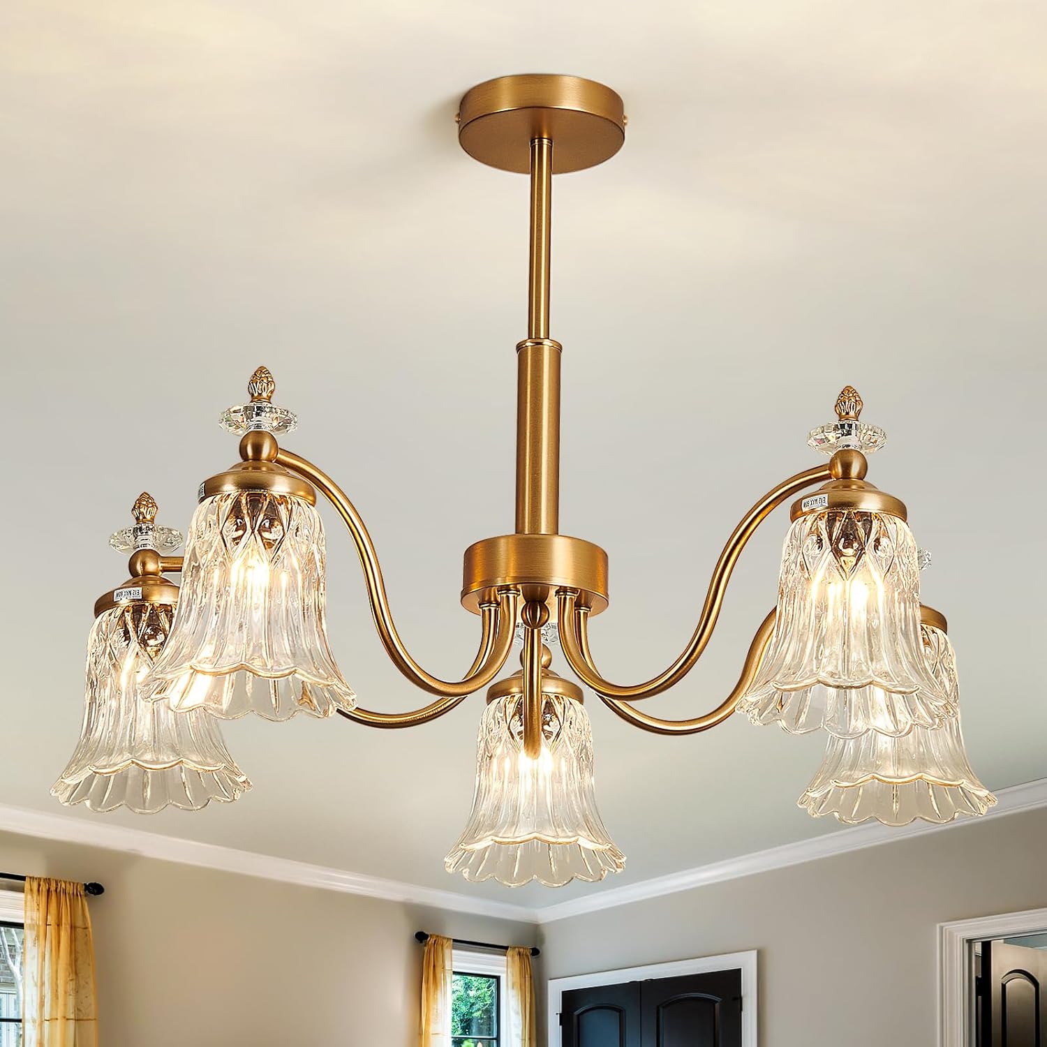 Vintage Glass Chandelier Antique Gold Ceiling Light Fixture 5 Light Ceiling Chandelier for Farmhouse Dining Room Kitchen Living Room Foyer Bedroom.