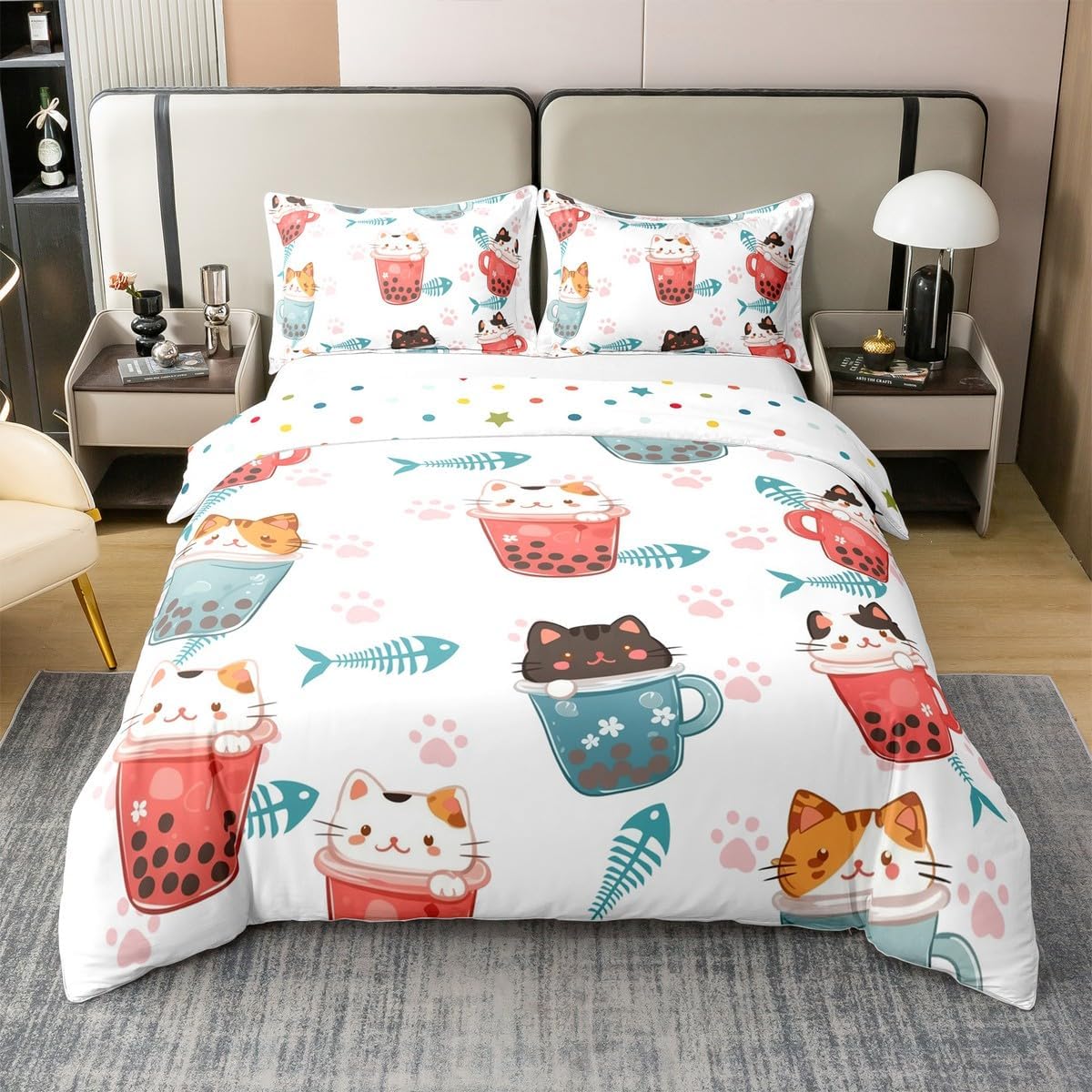 Feelyou Bubble Tea Cat Duvet Cover 100% Cotton Twin Size Boba Tea Bedding Set for Boys Girls Cute Kitten Cat Comforter Cover Drinking Bedroom Decor 2Pcs Zipper Closure with 1 Pillowcase