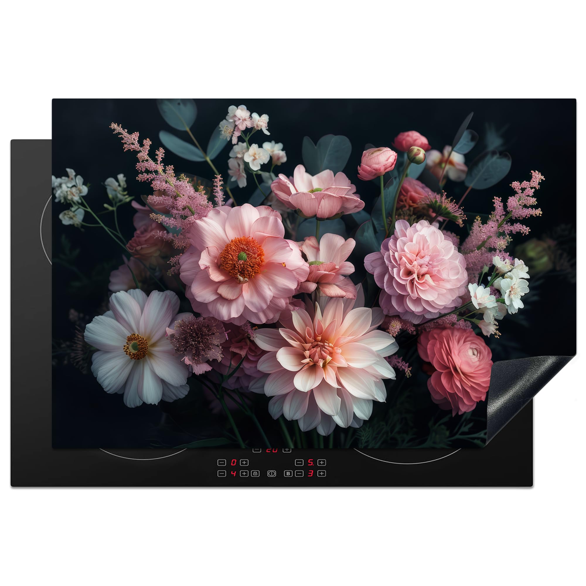KitchenYeah© Induction Hob Cover Protector Mat 20.1"x30.3" / 77x51 cm Kitchen Universal Ceramic Covers for Electric Cookers Vinyl Flowers - Colourful - Pink - Plants — image 1