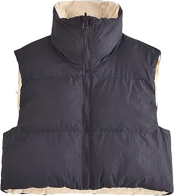 FindThy Womens Crop Puffer Vest Drawstring Full-Zip Reversible Puffy Vest Winter Waistcoat