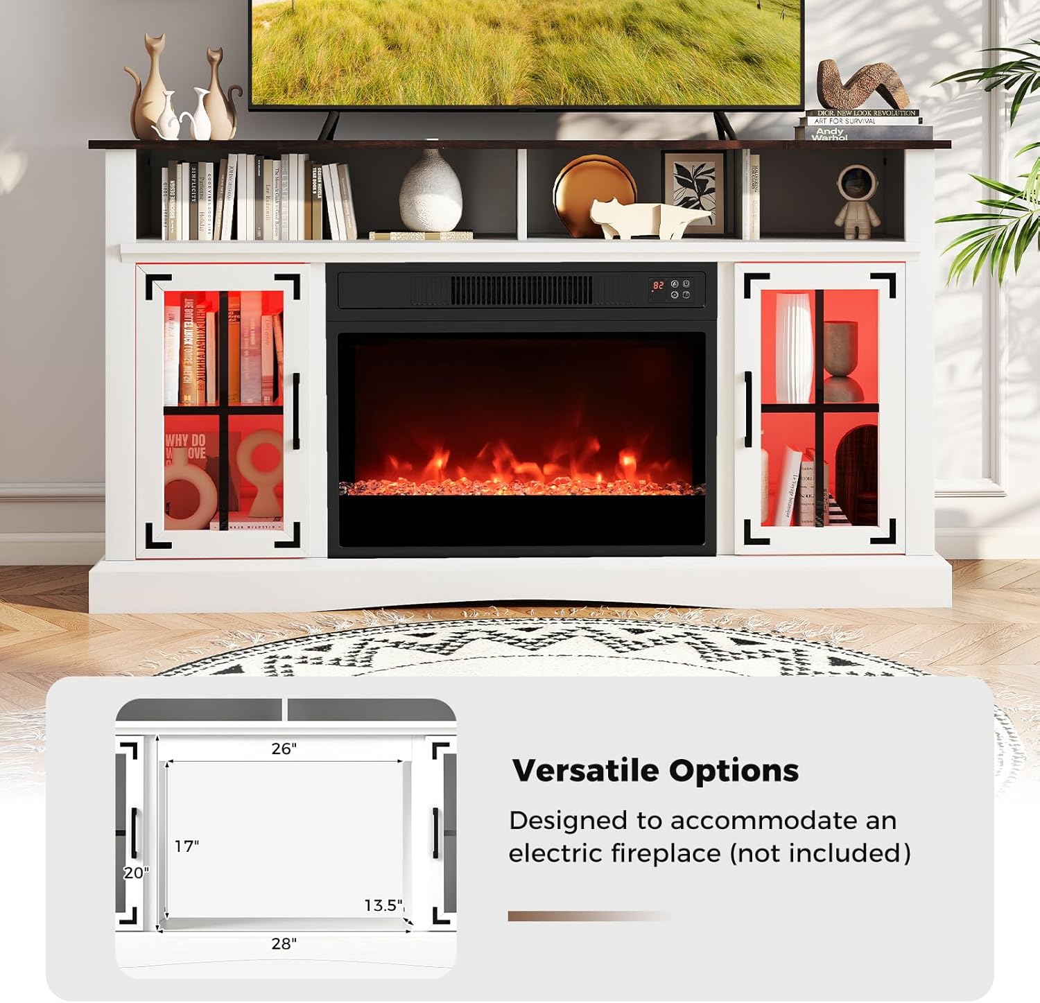 Tangkula Farmhouse TV Stand with LED Lights and Remote Control, 58” Media Entertainment Center for 65 Inch TV w/Storage Cabinets & Adjustable Shelves, TV Console Table for Living Room (White)