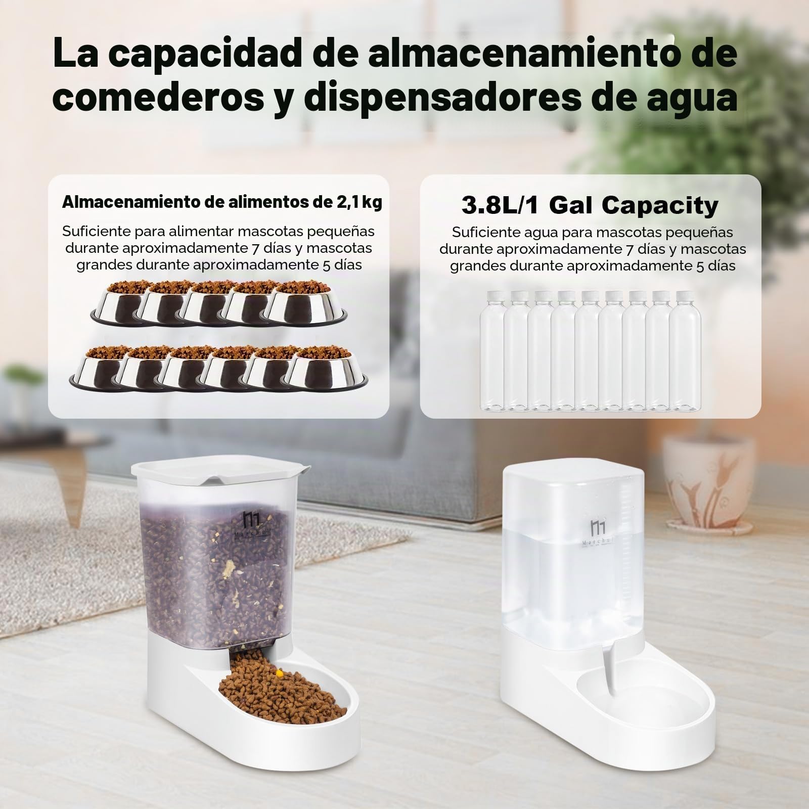 Marchul Dispensador para Gatos y Perros, Comida y Agua, Pack 2 Unidades, Comederos Automáticos, 3.8 L c/u, Comedero, Alimentador y Bebedero para Mascotas (Alfombrilla de Silicona)
