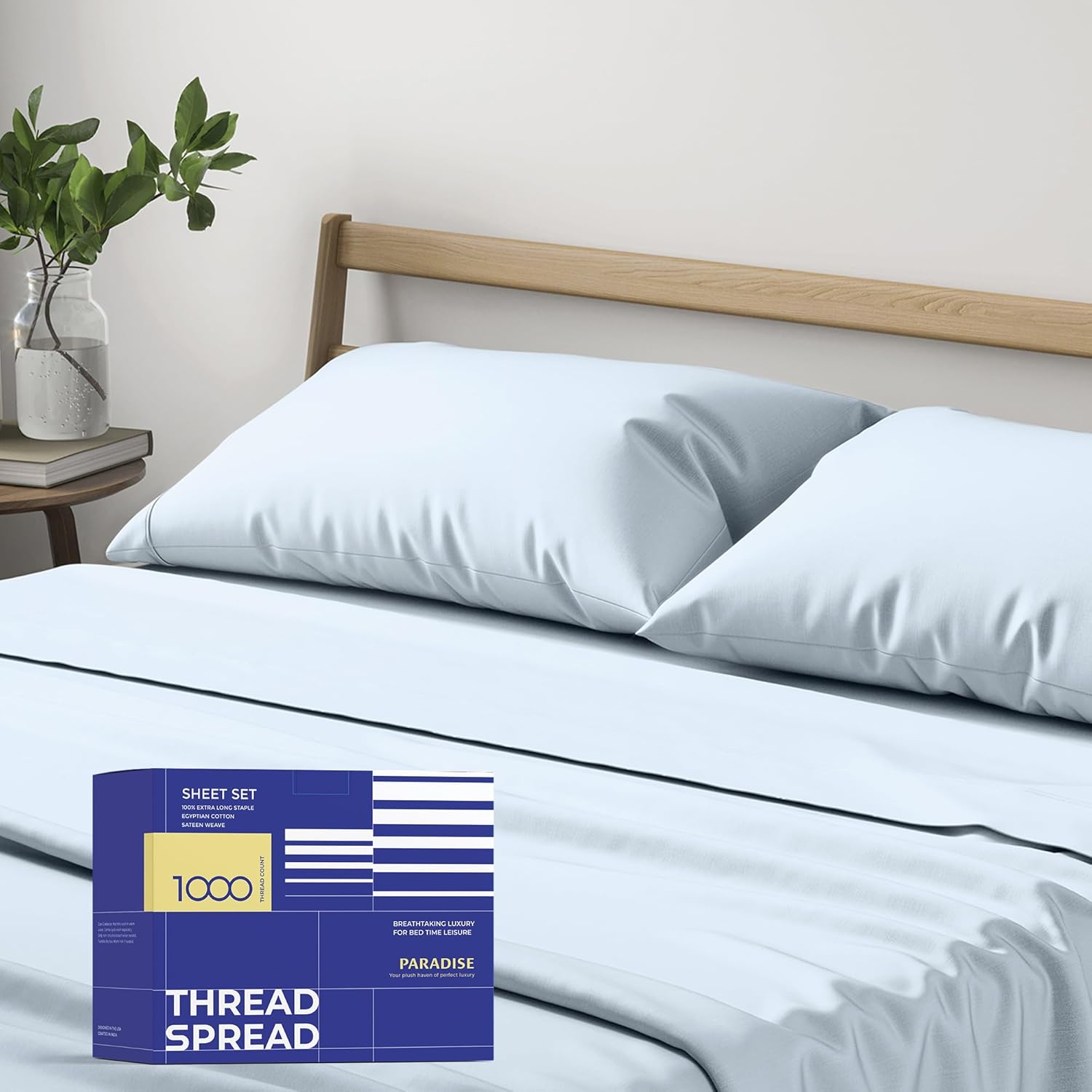 THREAD SPREAD Egyptian Cotton Sheets King Size - 4 Pc 1000 Thread Count Bed Sheet Set, Luxury Egyptian Cotton Cooling Sheets for King Size, Upto 18'' Deep Pocket - Light Blue