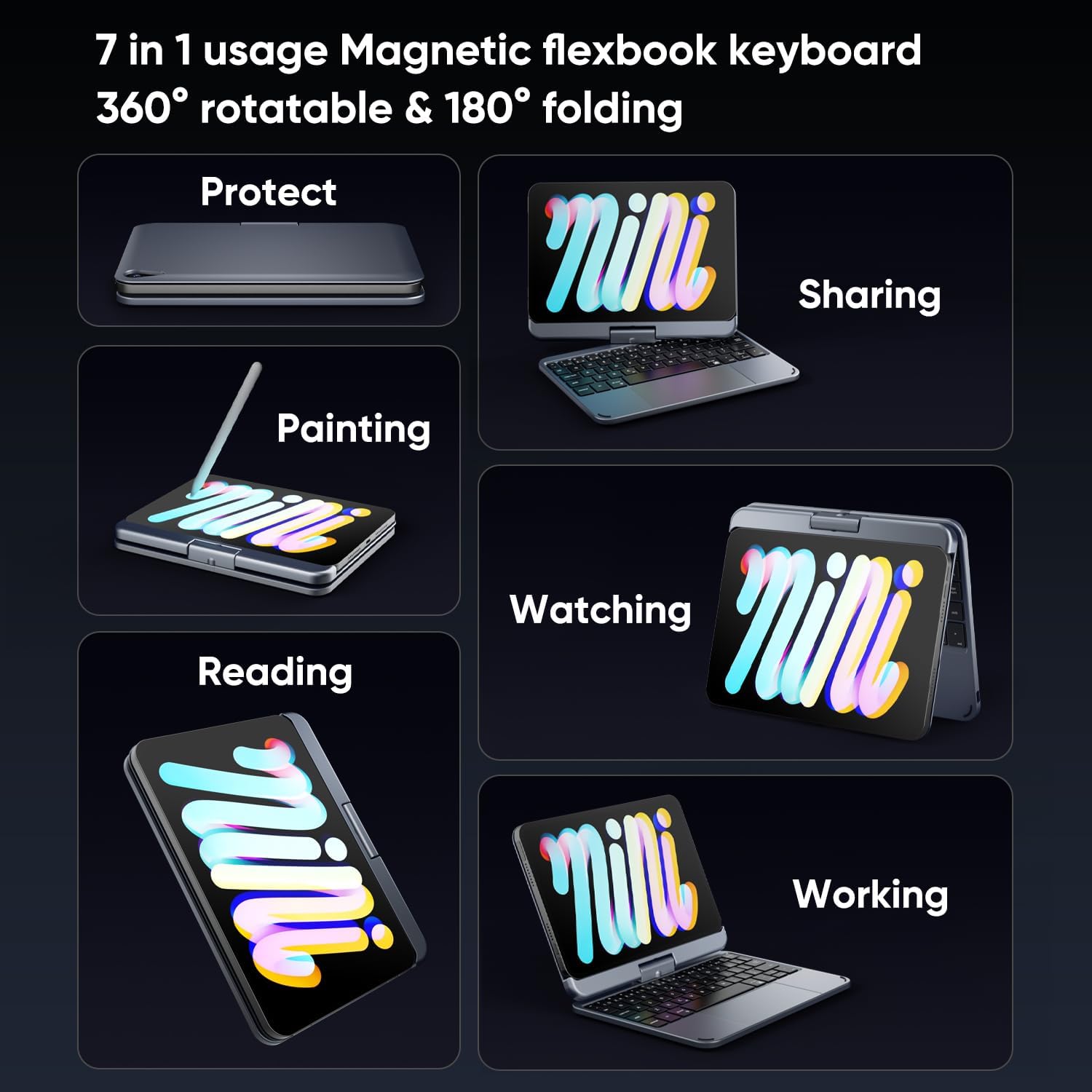 doqo iPad mini 7/Mini 6 Keyboard case 2021/2024 Generation 8.3 inch with Touch trackpad 7 Colors Wireless Backlit 360 Rotatable, Slim Protective Cover Folio (Gray)