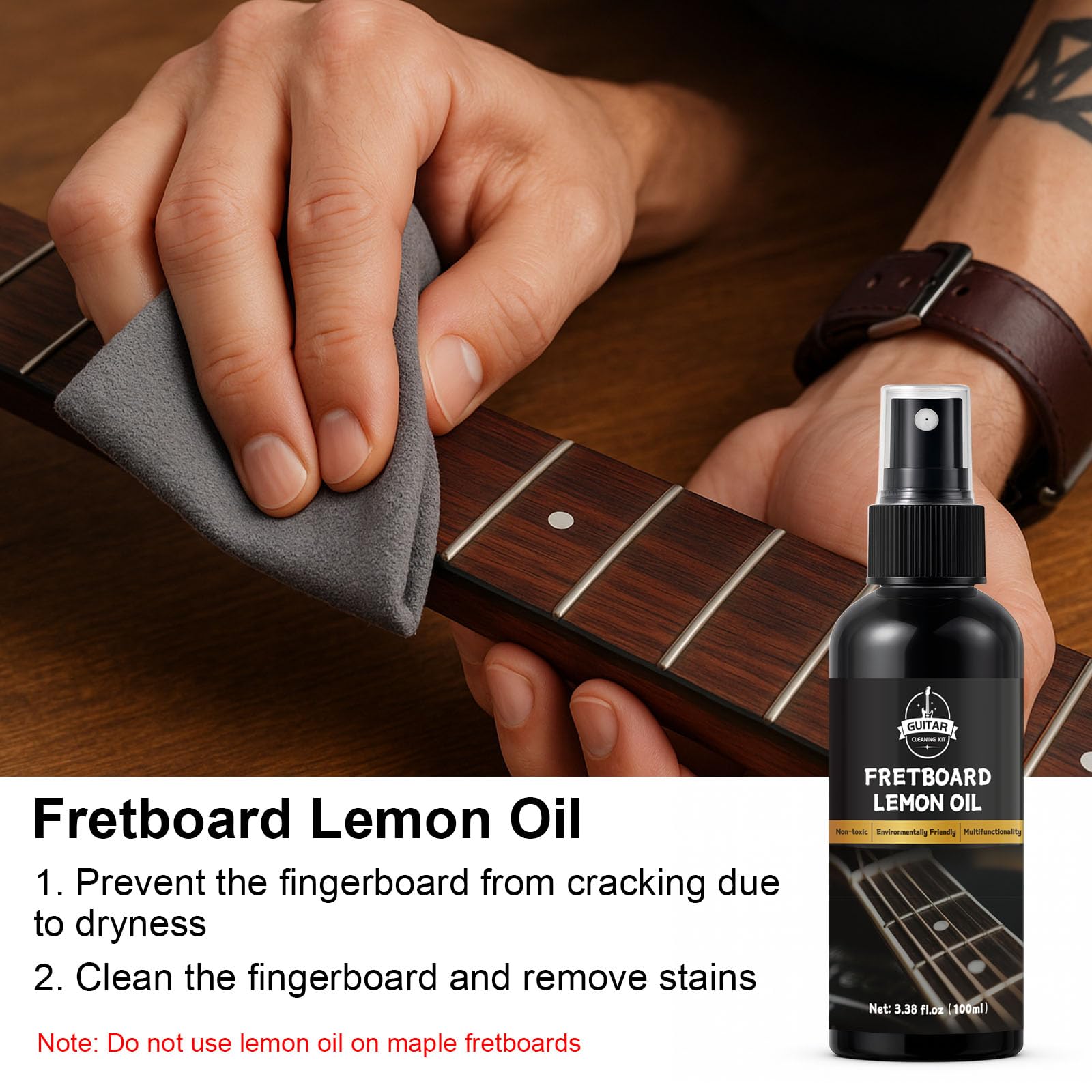 Kit de limpieza de guitarra, juego de mantenimiento profesional de 7 piezas con limpiador de guitarra, aceite de diapasón, cera de pulido, limpiador de cuerdas, cortador 3 en 1 y paño de
