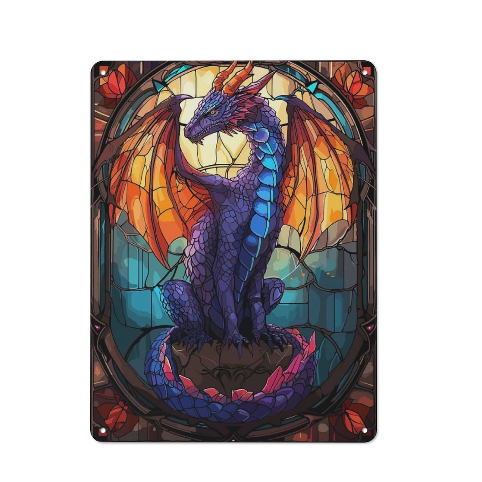 Junmoney Style Dragon Fantasy Stain Glass Decorative Tin Sign 40X30cm, Rustic Rustic Kitchen Decor For Kitchen, Cottage, Porch Or Garden Room