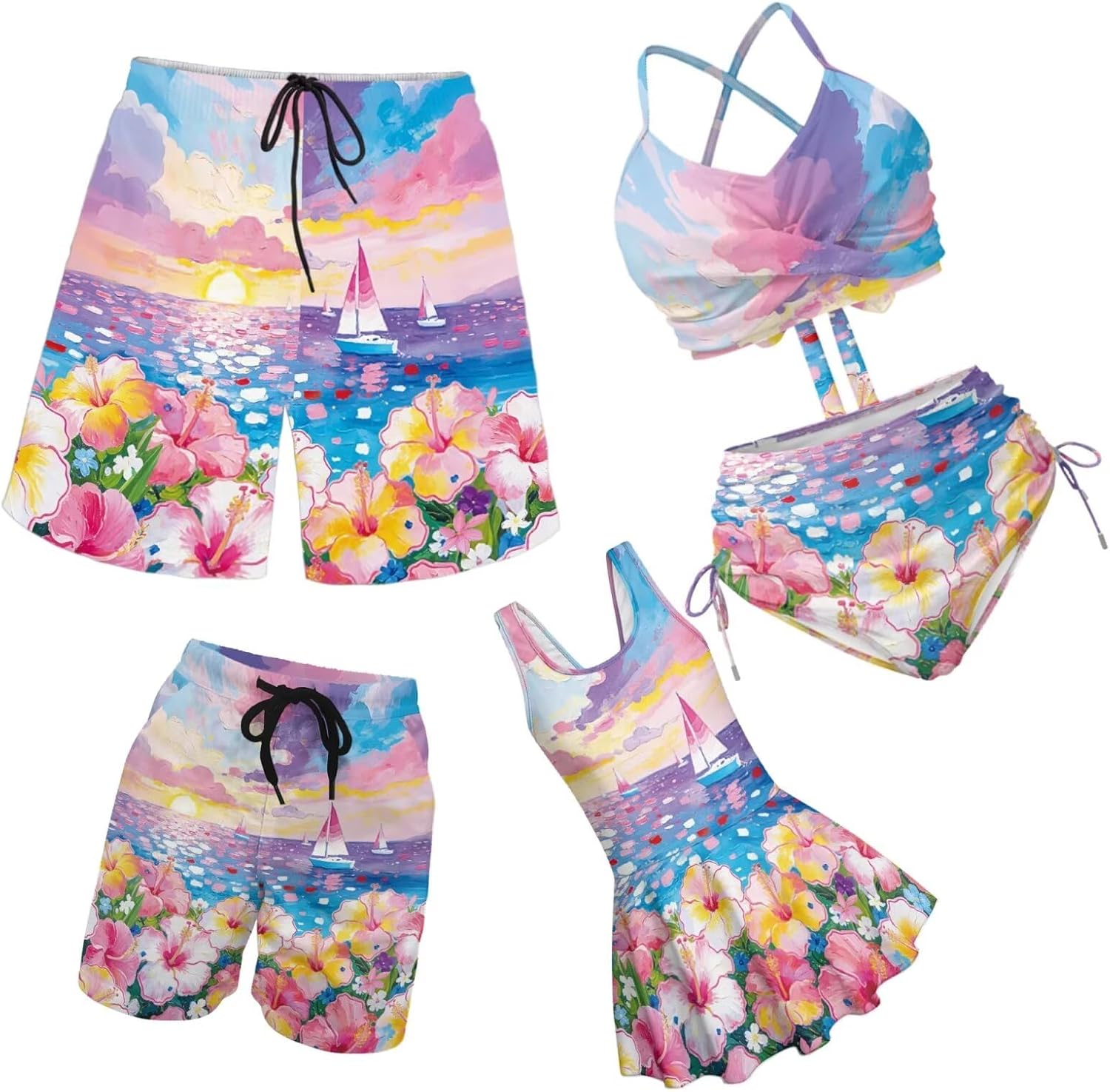 HUGS IDEA Family Matching Swimsuits Hawaiian Women High Waist Bikini Girls One Piece Men Boys Swim Trunks Beach