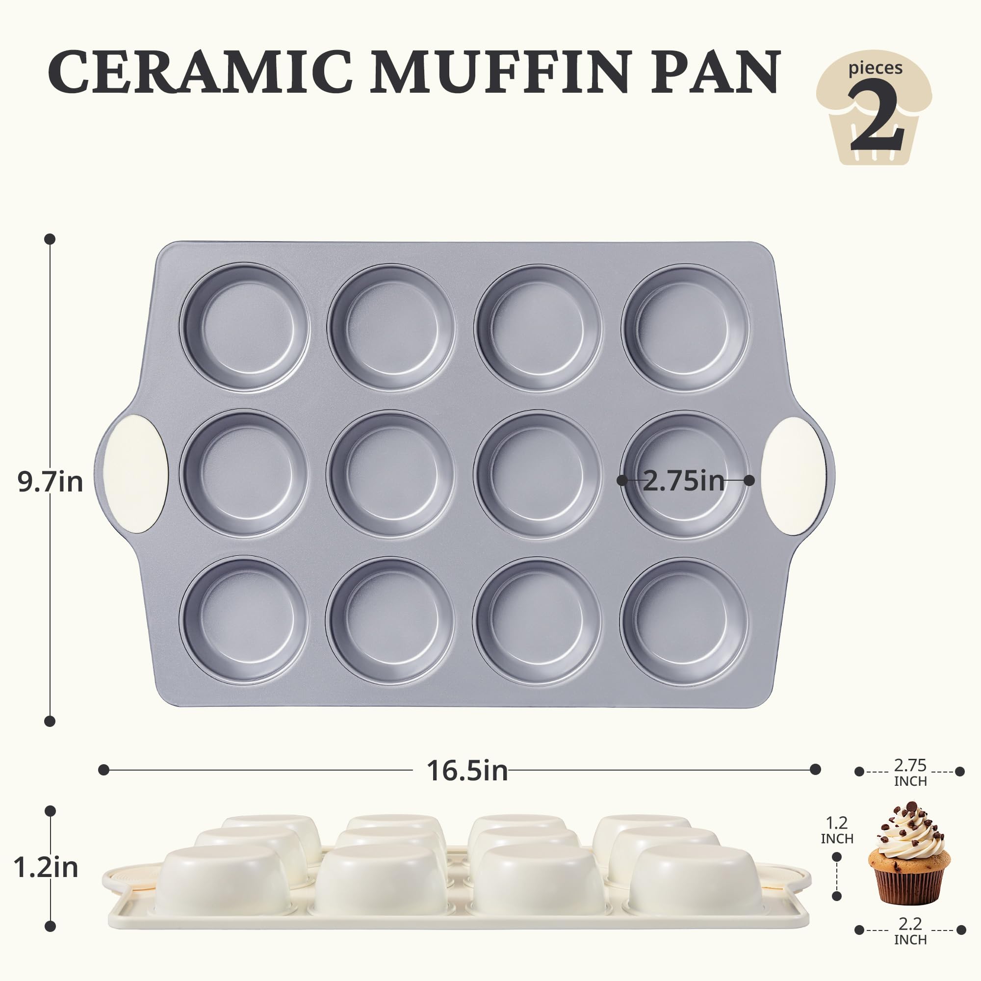 BRONYPRO Muffinform aus Keramik, 12 Tassen, antihaftbeschichtet, aluminisierter Stahl, gesunde, ungiftige Keramikbeschichtung, Muffinform, 2 Stück, Cupcake-Formen zum Backen, Beige