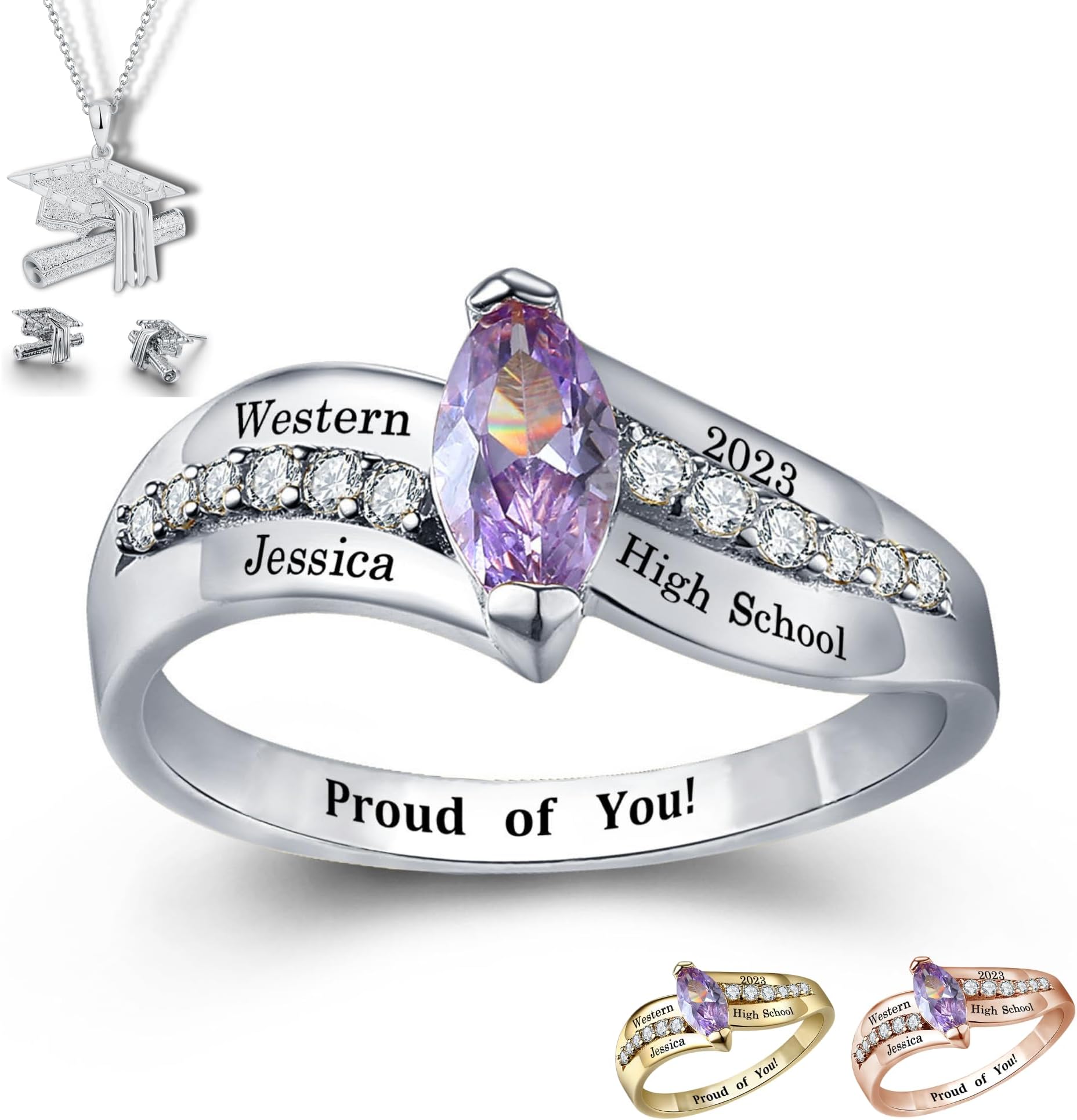 PJMMementos USA Premium Class Ring Authentic Class Ring for Women – Gem Collection – Genuine 925 Sterling Silver – Customized High School College University Women's Class Ring – Graduation Gifts