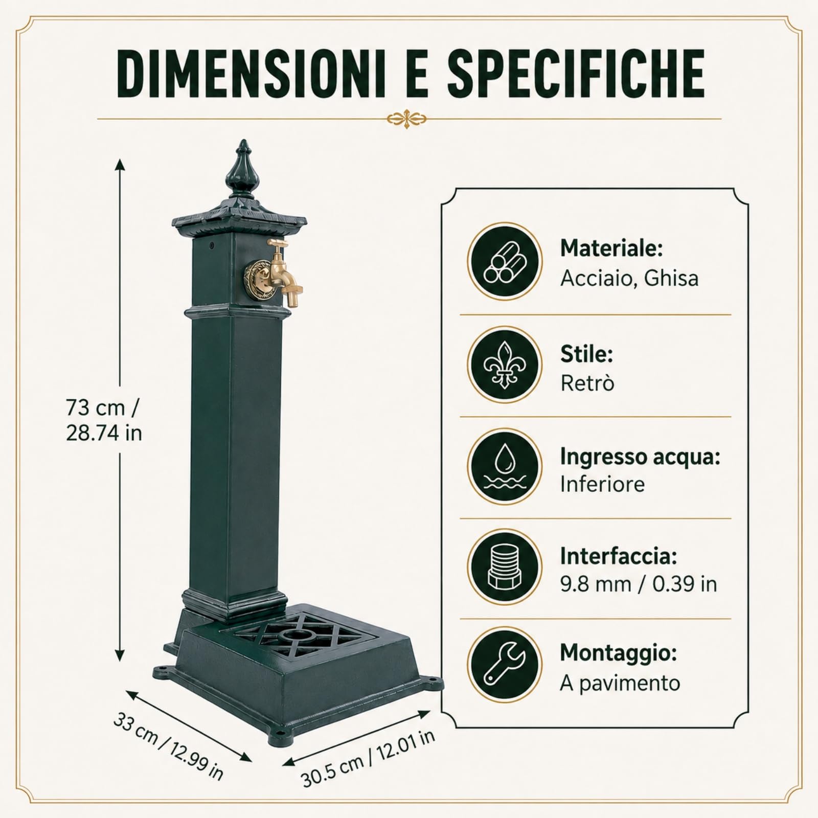 Fontanella da giardino in ghisa con rubinetto, colonna d'acqua retrò 73 cm | Rivestimento resistente alle intemperie, griglia removibile, ingresso inferiore, montaggio a pavimento, tubo non incluso