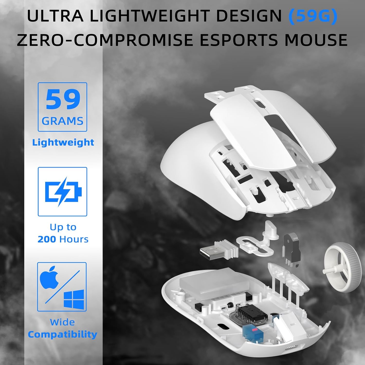 MANBASNAKE AJ139 PRO White Wireless Gaming Mouse,Ultra-Lightweight 59G,PAW3395 26K Sensor,26,000 DPI,6 Programmable Buttons,Long Battery Life,Compatible with PC/Mac,Esports & FPS Gaming