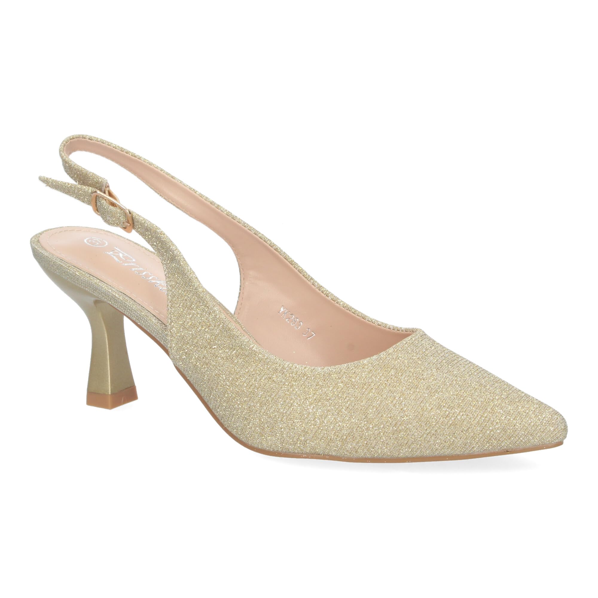 shoes&blues.es Zapato de Salon para Mujer, Diseno Elegante con Tacon, Abierto por el Talon, Puntera Fina y Cierre de Hebilla Ajustable.