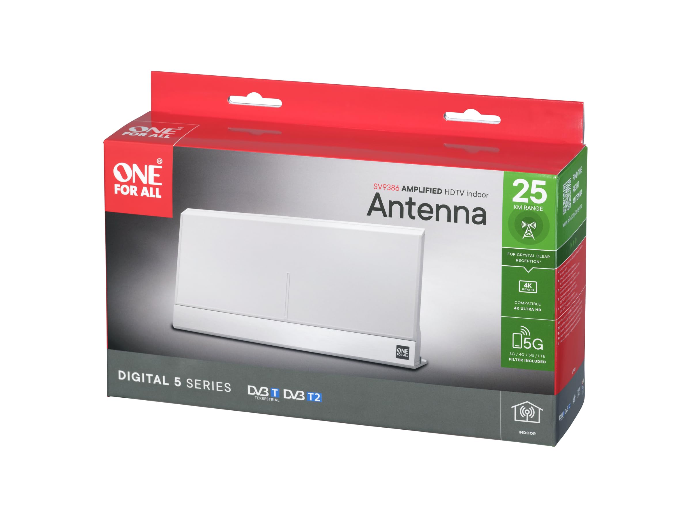 One For All – 3G/4G/5G - Bloque Les signaux – Antenne TV intérieure amplifiée – Full HD TV Ready – Signal Clear Technology – Distance aux émetteurs 0 – 25 km – SV9386-5G