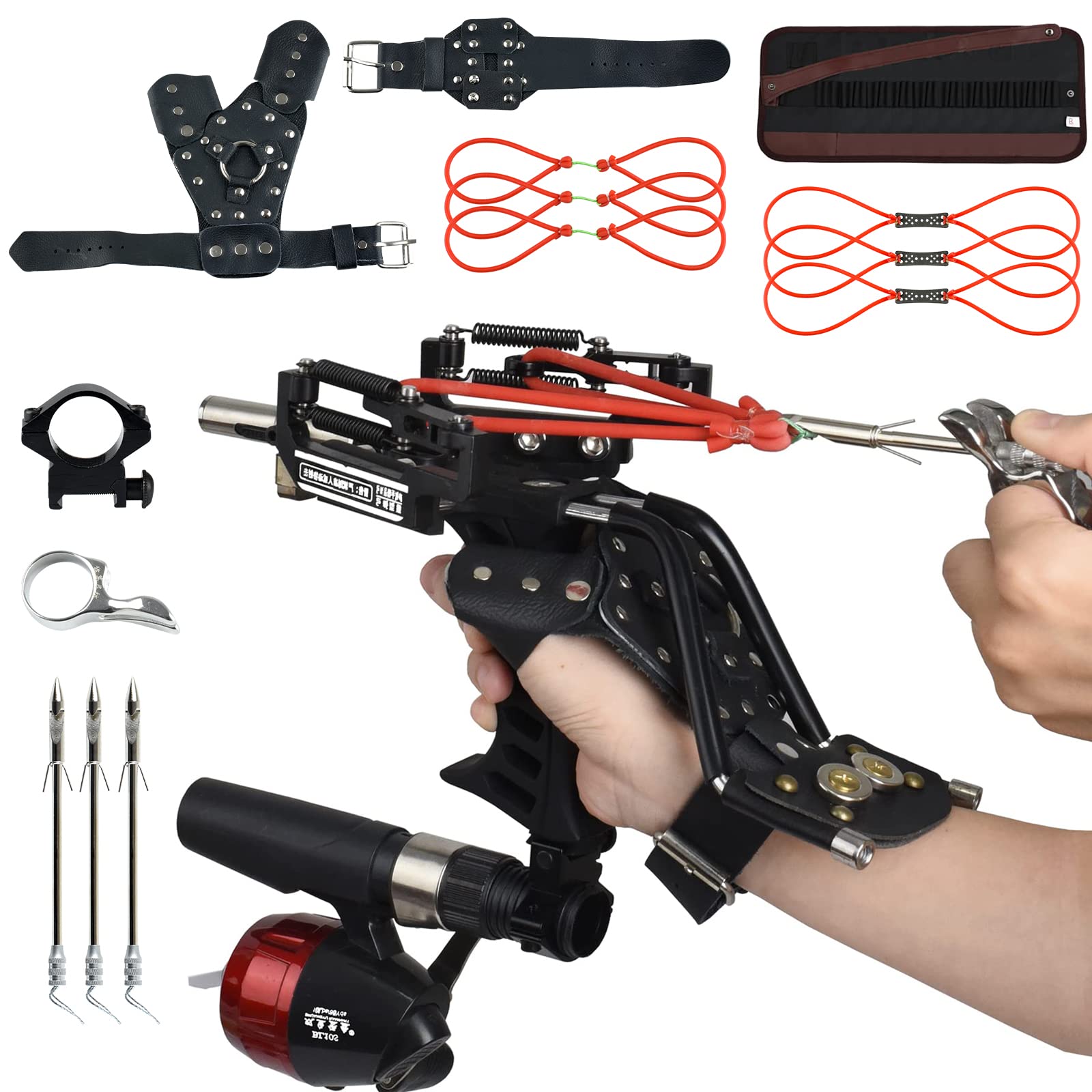 Rugged Professional Hunting Golden Slingshot with Fish Shooting Package As Adult Catapult Wrist Rocket Slingshot Comes with Reel Fish Shooting Dart Left Hand Gauntlet