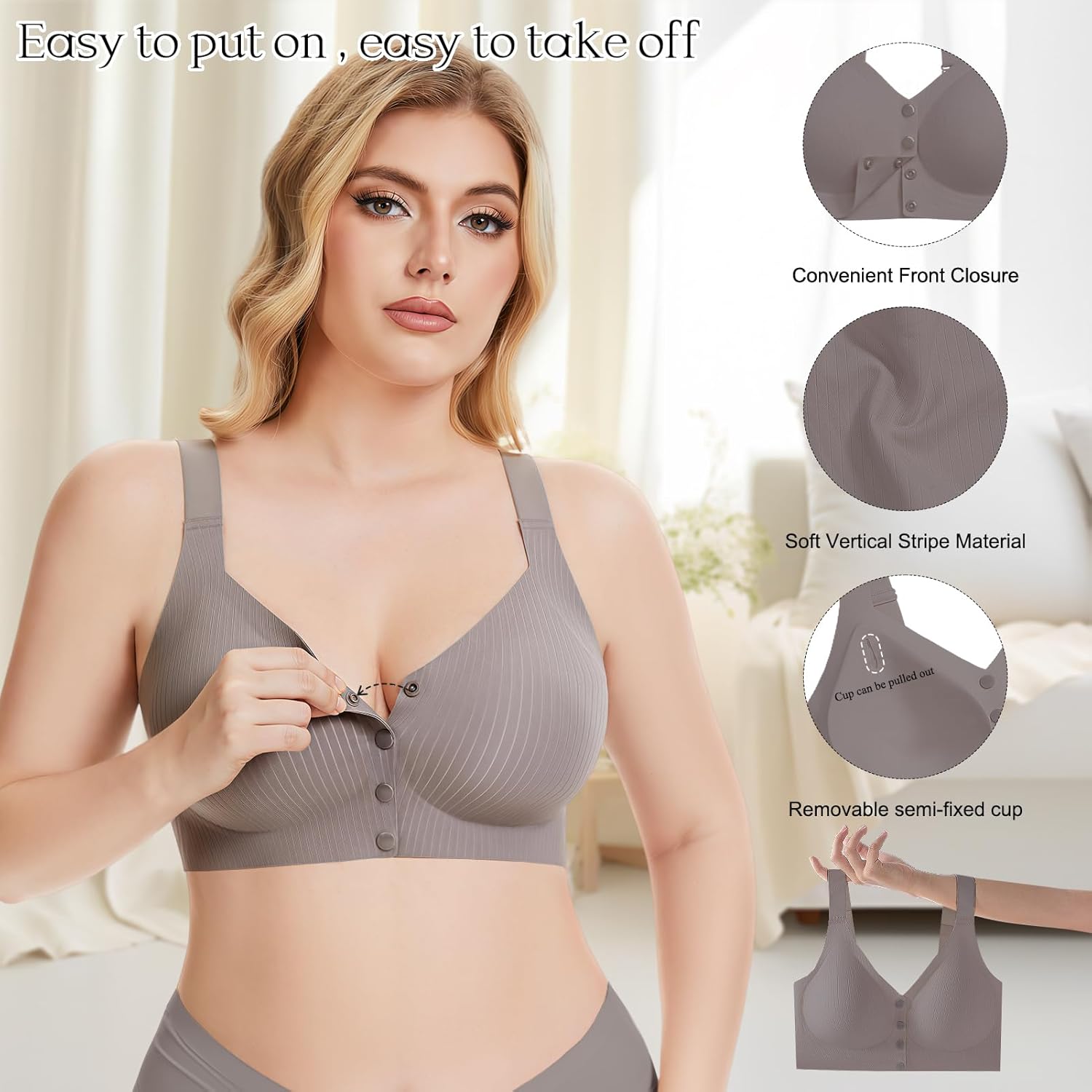 Vinfact Front Closure Bras for Women No Underwire Wireless Bra Seamless Bralettes with Soft Support Mastectomy Bralette - Image 3