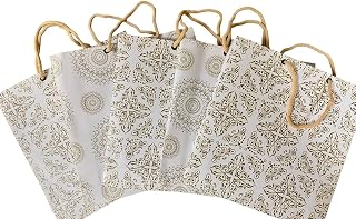 Creative Art White & Gold Paper Gift Bags Small (Pack of 10) Strong Kraft Paper, Elegant Design, Reusable & Recyclable, Ideal for Return Gifts, Baby Shower, Wedding & Party Gift Packing