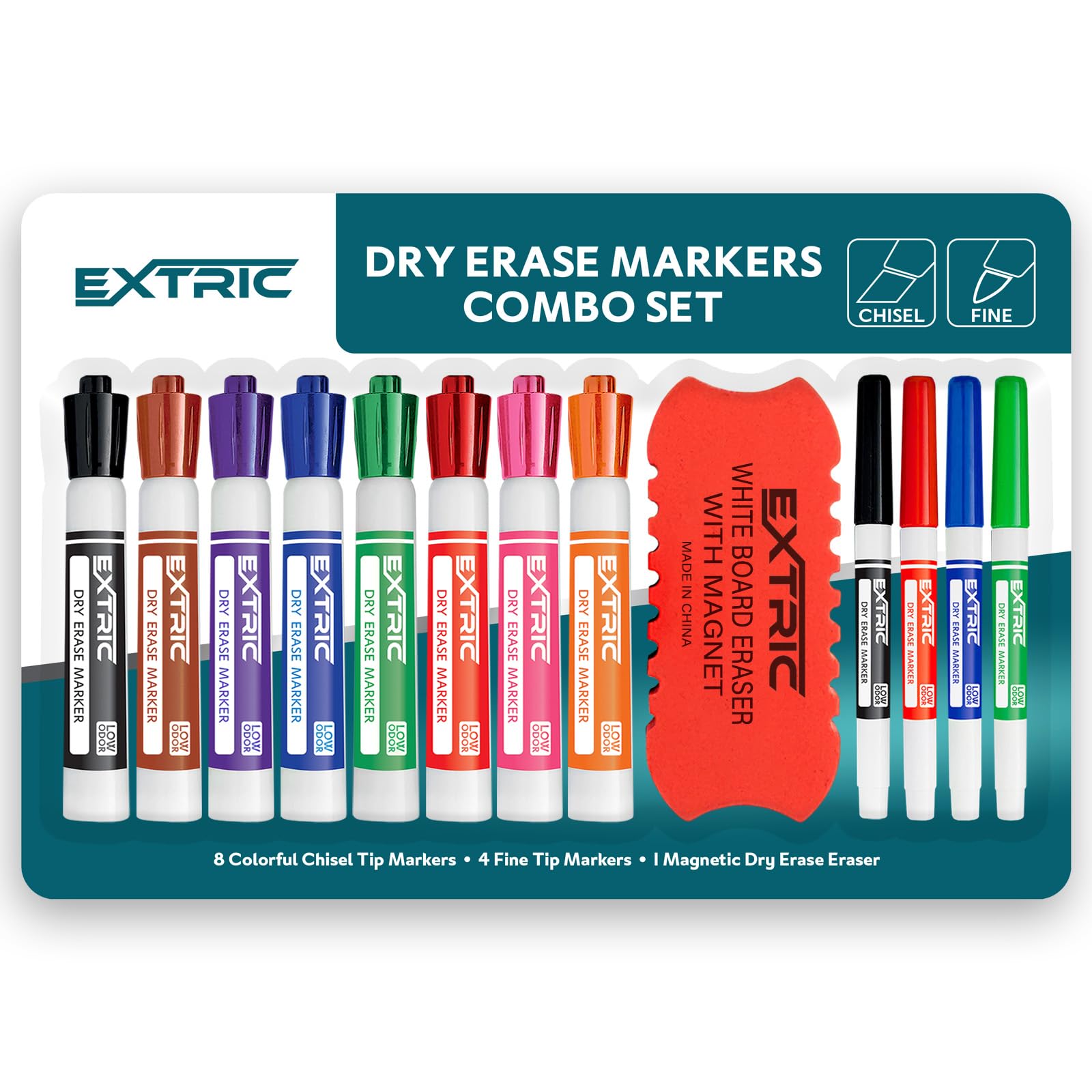 EXTRIC Dry Erase Markers with Eraser 12-Pack Non-Toxic Whiteboard Marker Set Fine Chisel Tip Includes Eraser Kit for