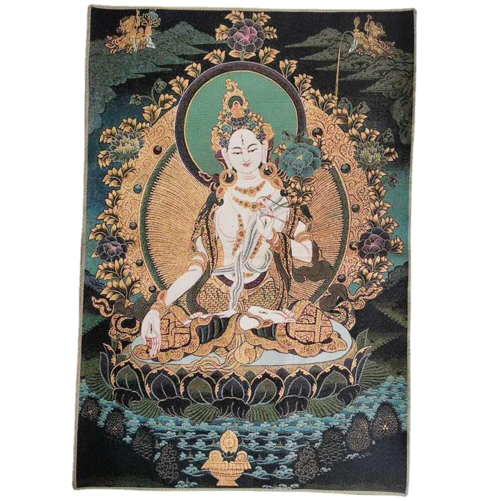 Thangka Silk Embroidery Tibetan Buddhism White Tara Guanyin Kwan-yin Tangka Mural Tangka Wall Hanging for Home Decor Tapestry Meditation