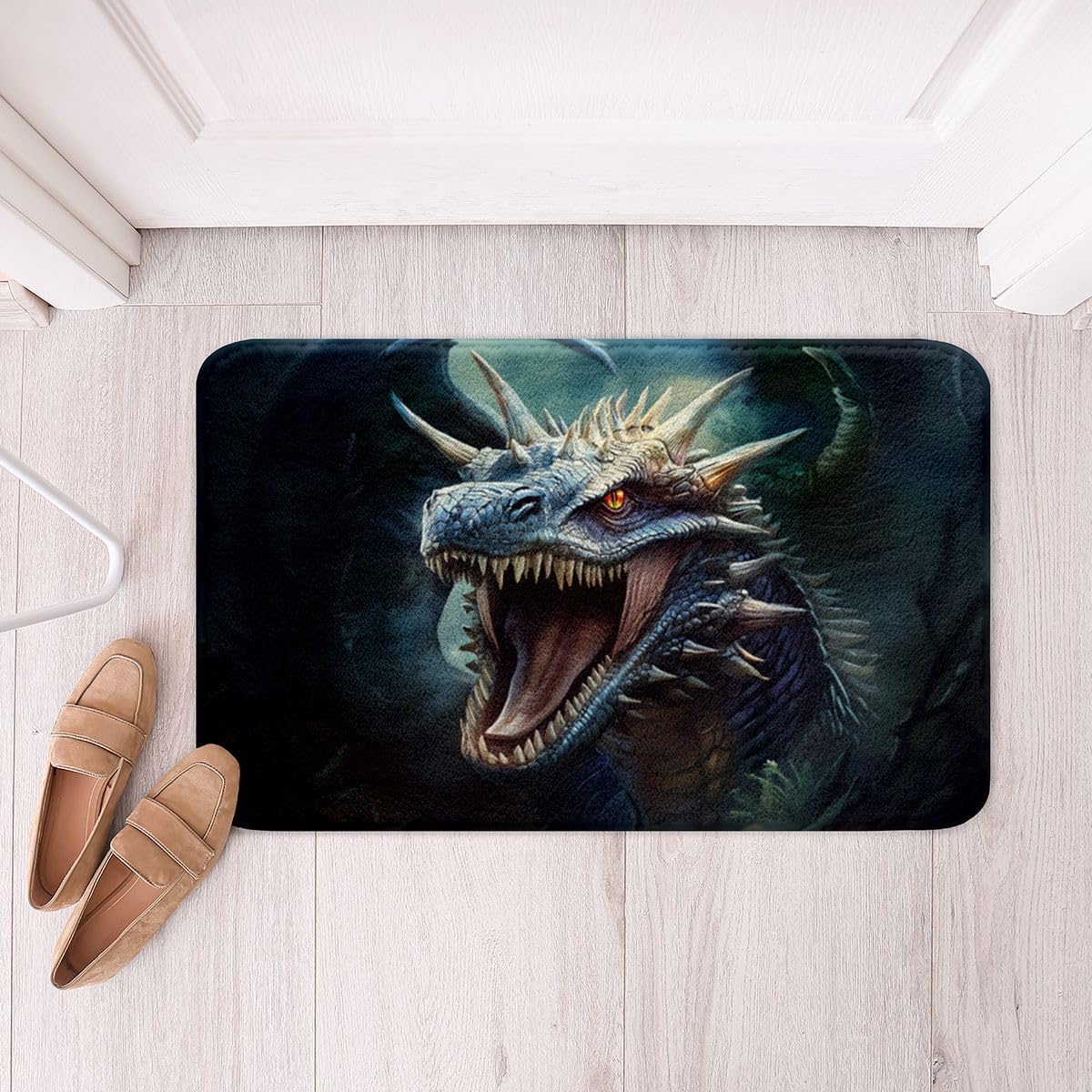 Castle Fairy Dark Roaring Dragon Bathroom Rug Fantasy Jungle Non Slip Bath Mat Kids Teens Woman Magical Themed Shaggy Absorbent Floor Mat Bath Indoor Doormat Decor,16"x24" Black Green