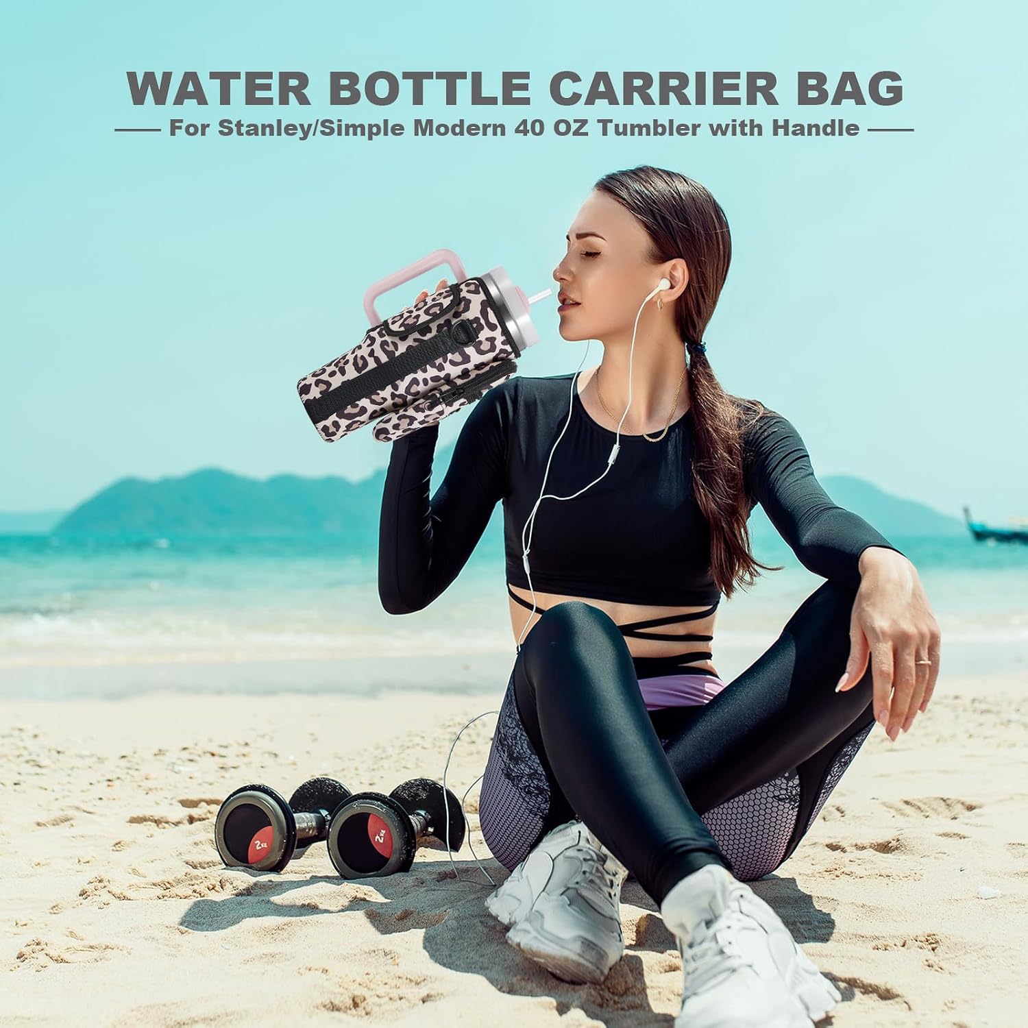 BULKITEM Water Bottle Carrier Bag with Phone Pocket for Stanley 40 & 30 oz Tumbler with Handle,Pink Insulated Neoprene Cup Holder Pouch w/Adjustable Strap for Quencher H2.0 Stanley Cup Accessories image 2