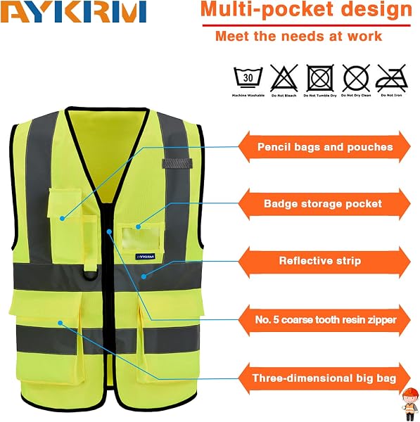 AYKRM Chaleco de seguridad Reflectante Alta visibilidad Ropa de trabajo chaleco Cremallera Seguridad Chaleco de Trabajo Multibolsillos 21 colores - 4