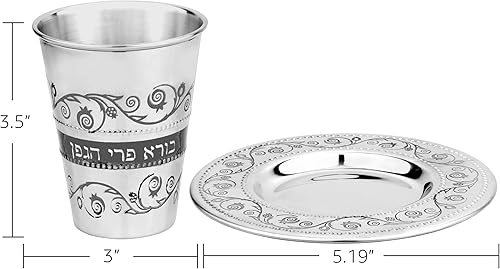 Miniatura 4 de Juego de tazas Kidush de acero inoxidable  Taza de vino y platillo Kidush premium con diseño de granada floral grabado con láser para Shabat,