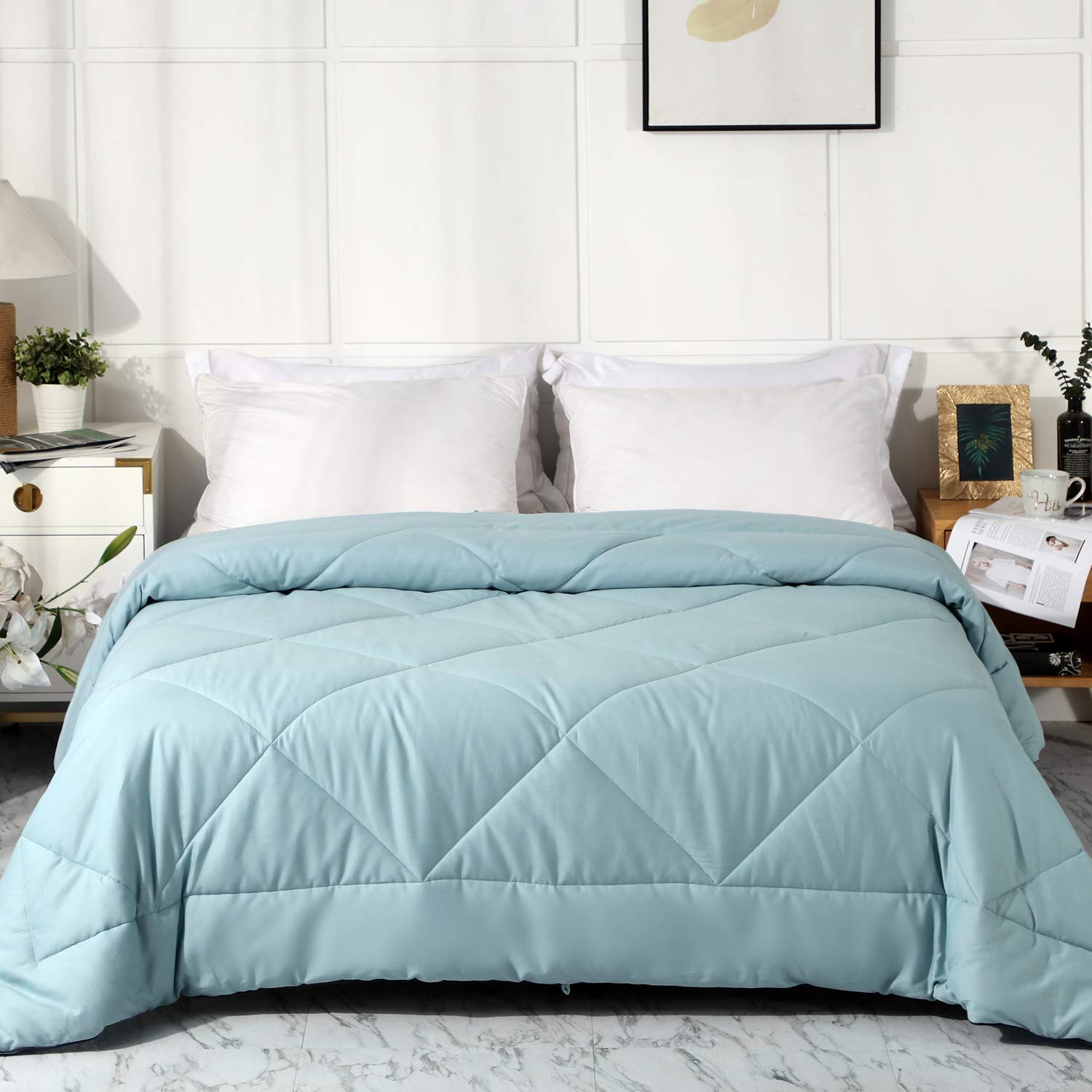 Photo 1 of Leisurely Collection Upgraded Premium Bed Quilt All Season 100% Cotton Quilted Comforter - Reversible Lightweight Soft Breathable Fluffy with Corner Ties - Machine Washable (Miami Blue, Full/Queen) Miami Blue Full/Queen