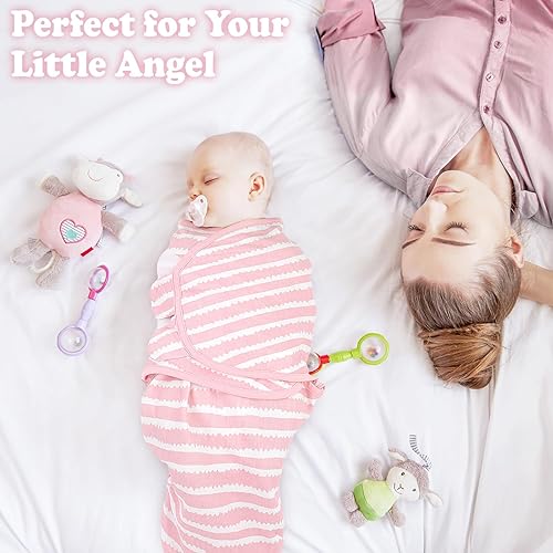 Miniatura 4 de Mantas para bebés recién nacidos, niños y niñas  0  3 meses  3 juegos de mantas para envolver ajustables para bebé con correas de cierre., RosadoGris