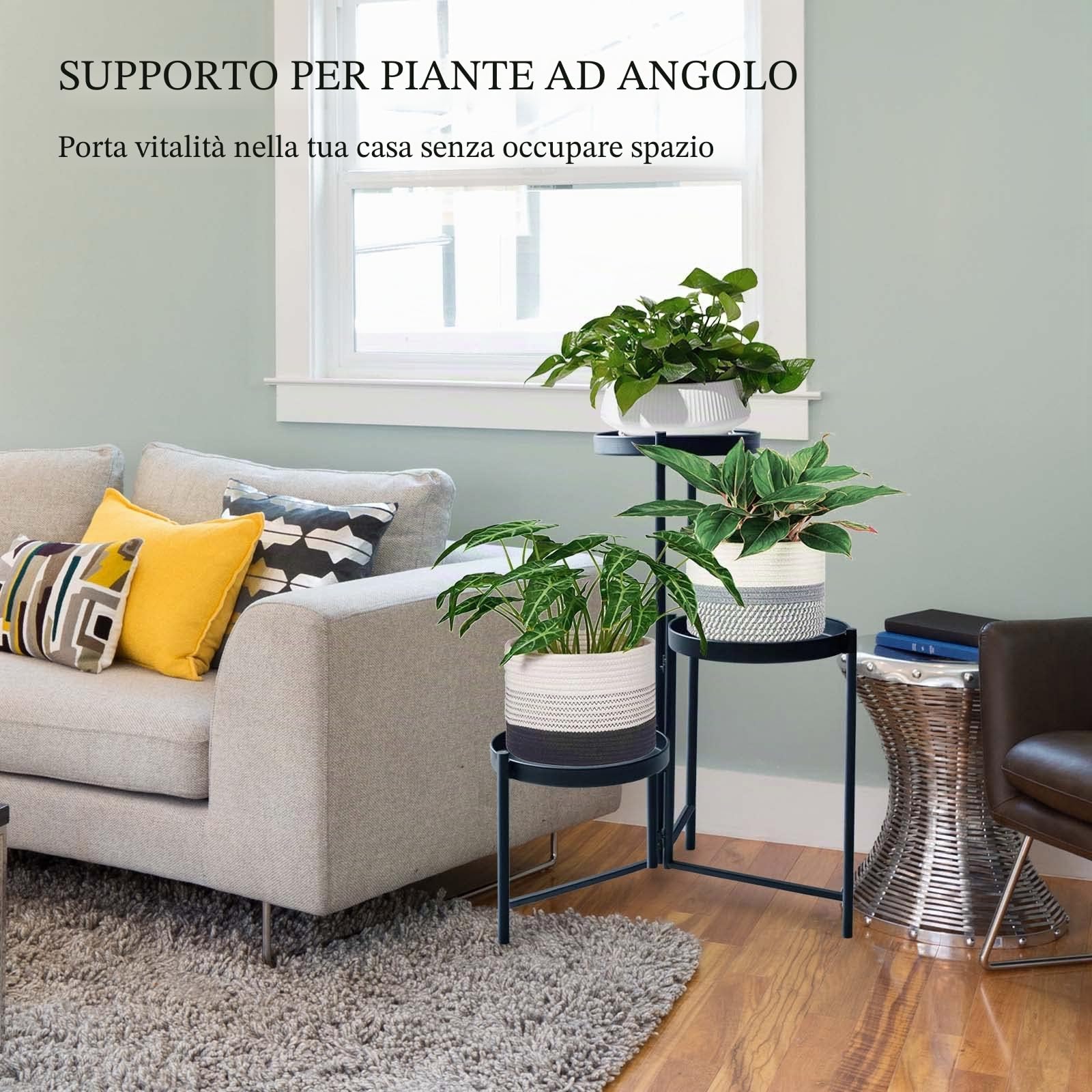 MUAEEOK Supporto per piante in metallo, per interni ed esterni, altezza 42 cm, 3 ripiani, resistente, organizer per vasi da fiori in ferro battuto, espositore angolare verticale per giardino