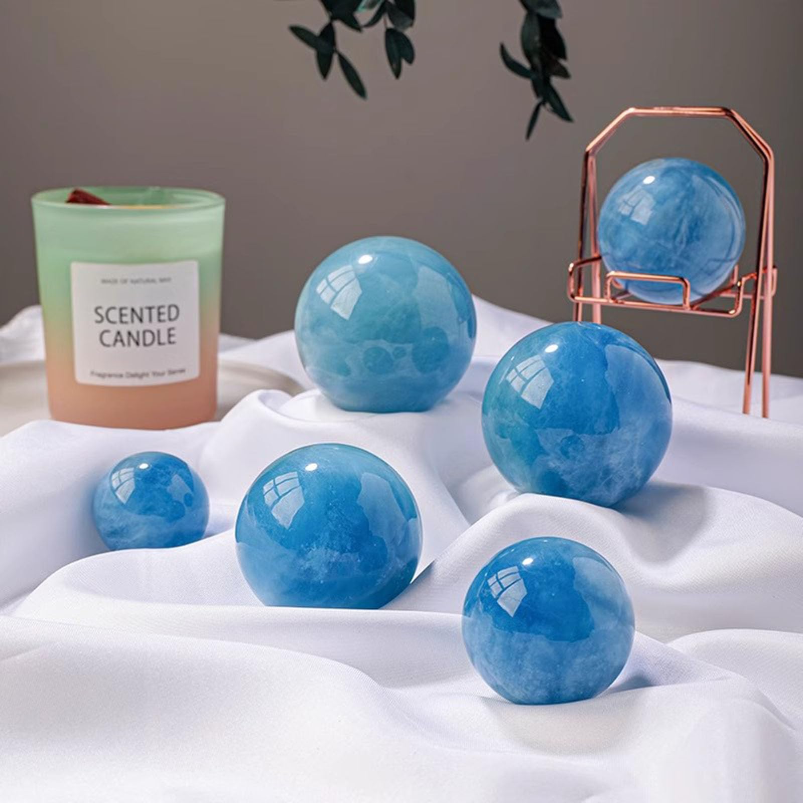 Bola de Cristal de Aguamarina Natural para decoración del hogar, Piedra Preciosa curativa, Escultura esférica para decoración de Mesa de Oficina en casa, orbe de Cristal de Riqueza,40~45mm