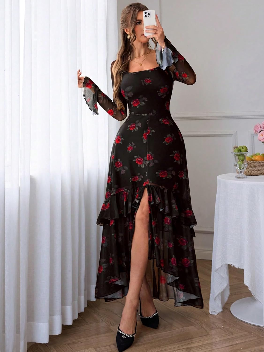 GothDark Women's Floral Mesh Dress Elegant Long Sleeve Square Neck Double Layer Ruffle Hem Casual Wedding Guest Maxi Dresses - Image 4