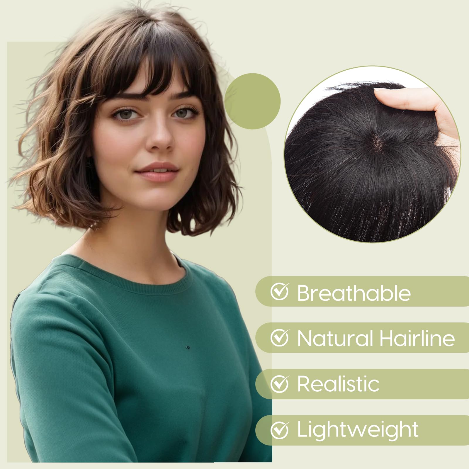 S-noilite Topper für Frauen Echthaar mit Pony 150% Dichte Toupet Haarteil Echthaar Damen Haarverdichtung für Dünnes Haar Mono Basis Haarverlängerung 50cm - 47g #1B Natürliches Schwarz