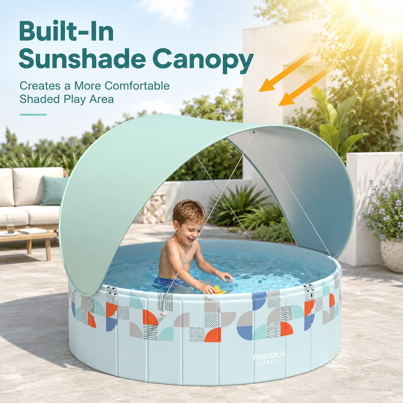 Piscina Redonda Elevada con Toldo, Piscina Familiar para Jardín Exterior