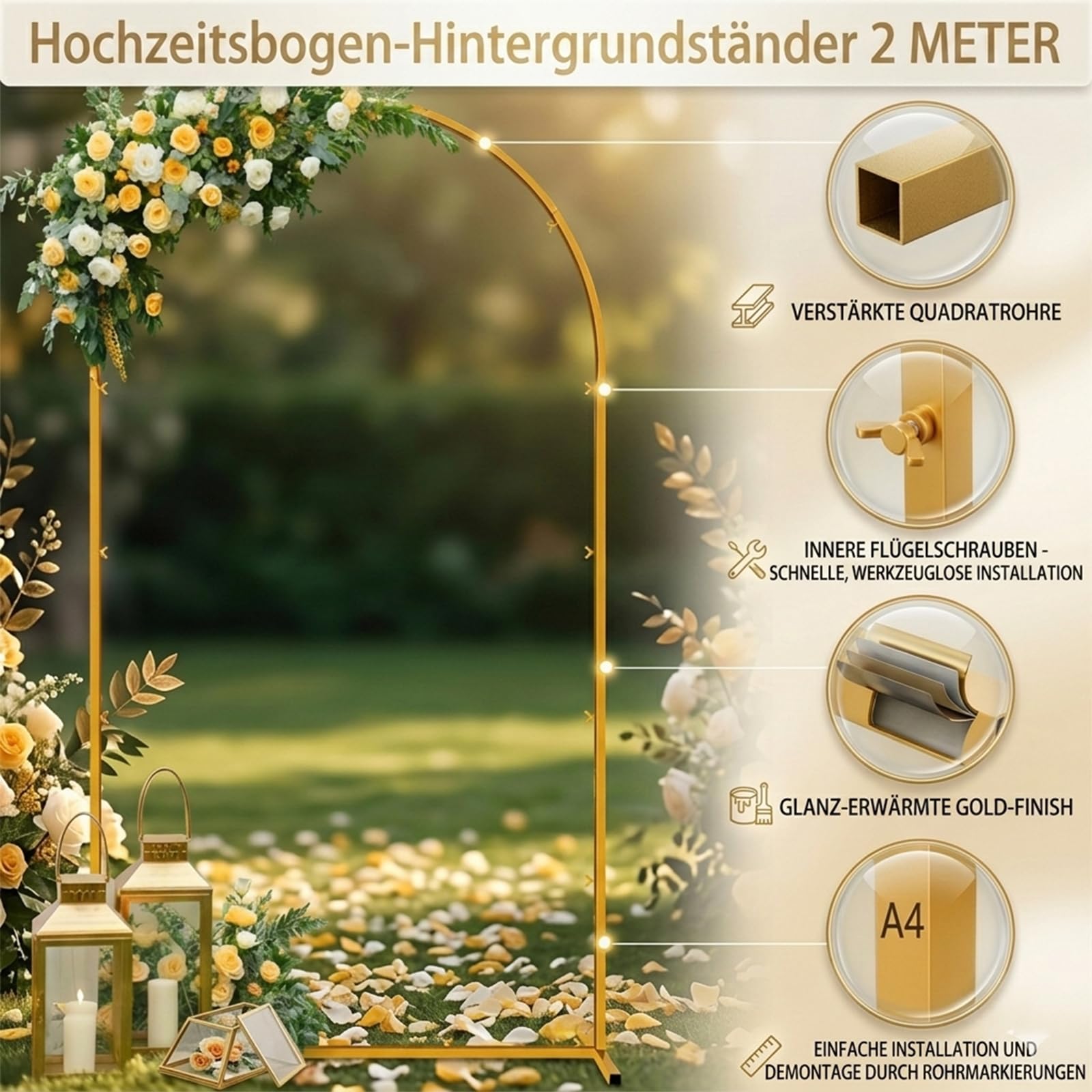 Goldener Metallbogen-Hintergrundständer 1.8M Hochzeitsbogen mit Aufbewahrungstasche 0.8 x 1.8 M