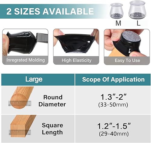 Miniatura 6 de Protectores de suelo para patas de silla, 24 piezas de fieltro de silicona negra, almohadillas para patas de muebles, cubiertas para pisos de madera