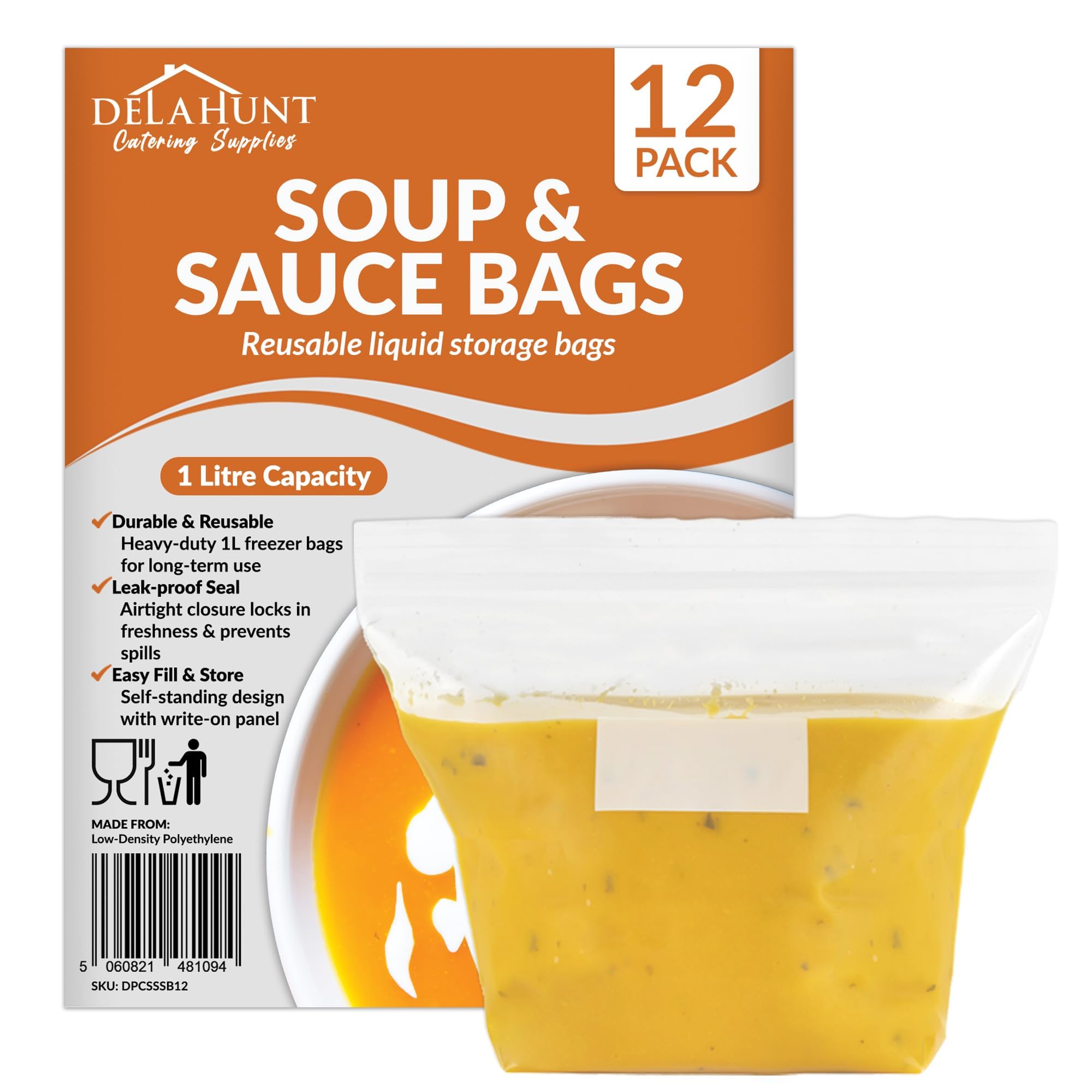 Delahunt Catering Supplies Clear 1 Litre Reusable Freezer Bags [12 Pack] - Bpa-Free, Leakproof & Stand-Up Press Seal Storage Bags | Heavy-Duty Meal Prep Bags For Soup, Sauce, Broth, Smoothies, Batch Cooking & Freezer Storage