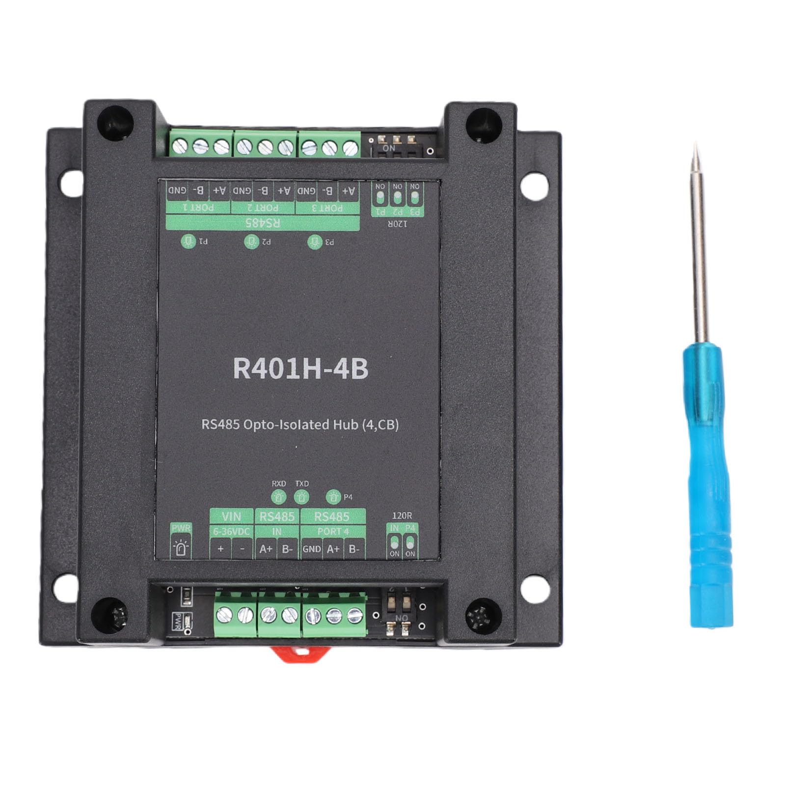 Sxhlseller Hub 485 Optoisolato Trasferimento Trasparente Half Duplex a 4 Porte, Montaggio su Guida DIN Hub 485 con Alimentazione e Isolamento Ottico, 32 Nodi per Porta, velocità di Trasmissione 1Mbps,