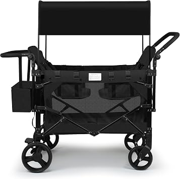 VOOI Stroller Wagon 4 Seater, Wagon for Kids, Collapsible W4 Stroller with Seats with 5-Point Harnesses, Easy Access Zipper Door, and Removable Sun Canopy Black, W4-Large