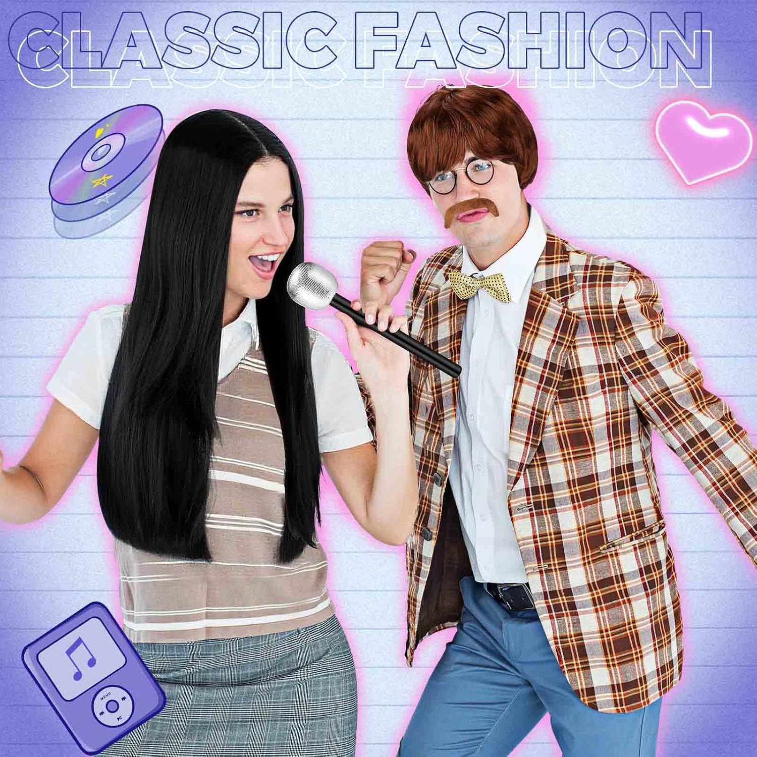 5 Pcs Pop Singer Couple Hippie Costume Set Halloween Cosplay | 60s 70s Musical Duo Rock Costume Accessories, 2 Wig 2 Glitter Microphone Prop with Mustache, for Adults Cosplay Party