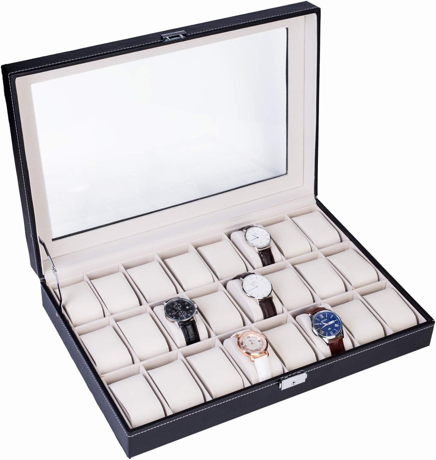 Wegi KingWegi King Portable Watch Box,24 Slot Leather Jewelry Tray Travel Watch Case Jewelry Storage Organizer Display Case for Men Women