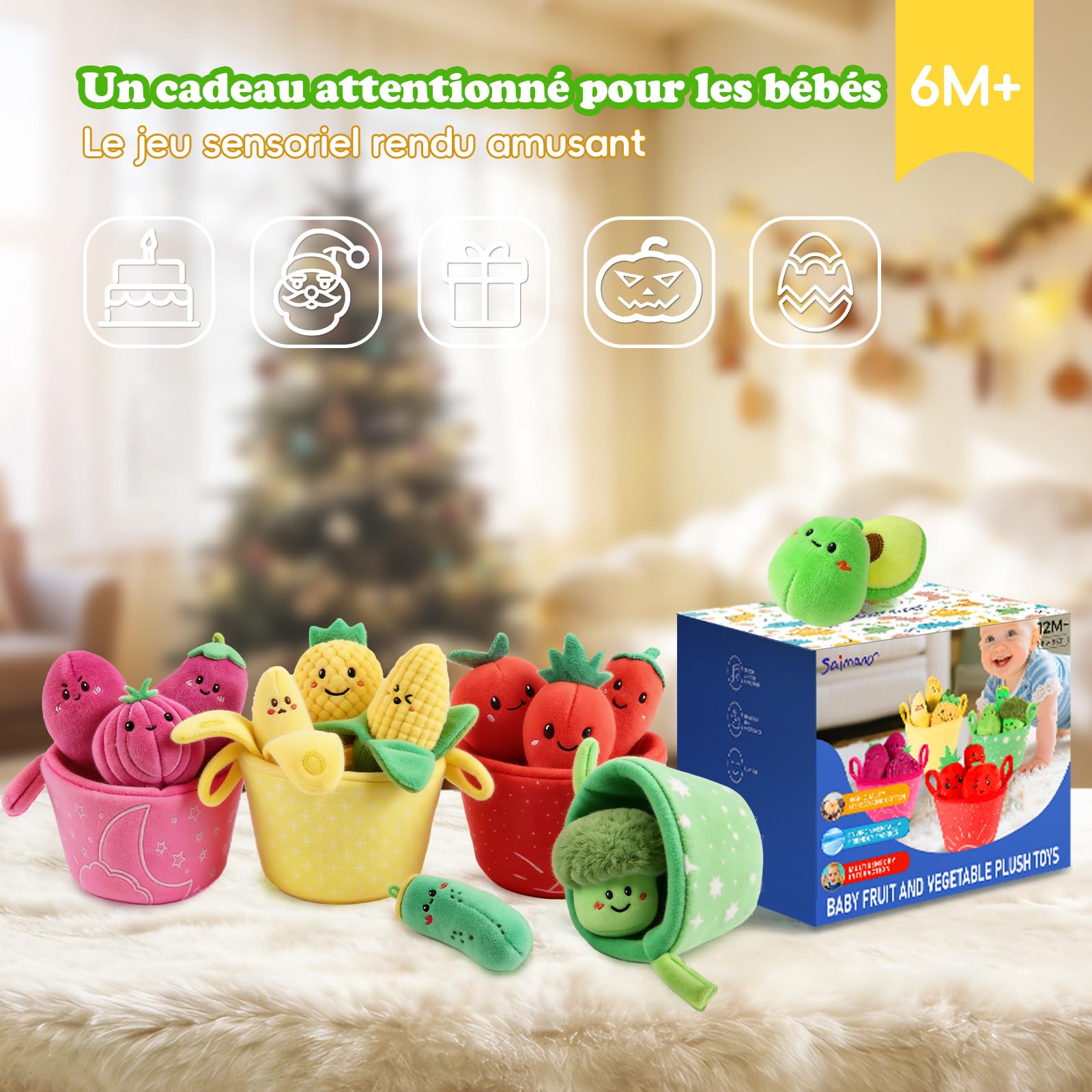 SAIMAND Jouet Montessori Bébé 6M+ Mois, Fruits Légumes en Peluche Originale | Jouet Bebe 1 An, Tri des Couleurs & Motricité Fine, Coffret Sensoriel 16 Pièces avec Paniers, Cadeau Enfant 1 2 3 Ans