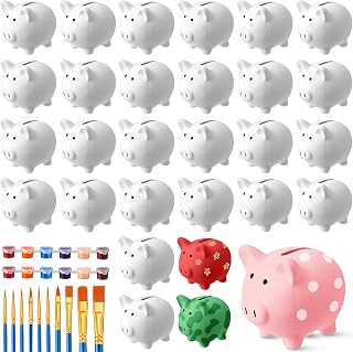 24 Pcs DIY Ceramic Piggy Banks Pig Coin Banks Xmas Gift Unglazed White for Boys Girls with 2 Paint Strips 10 Brushes Money Birthday Home Festival Fun Activities Gift