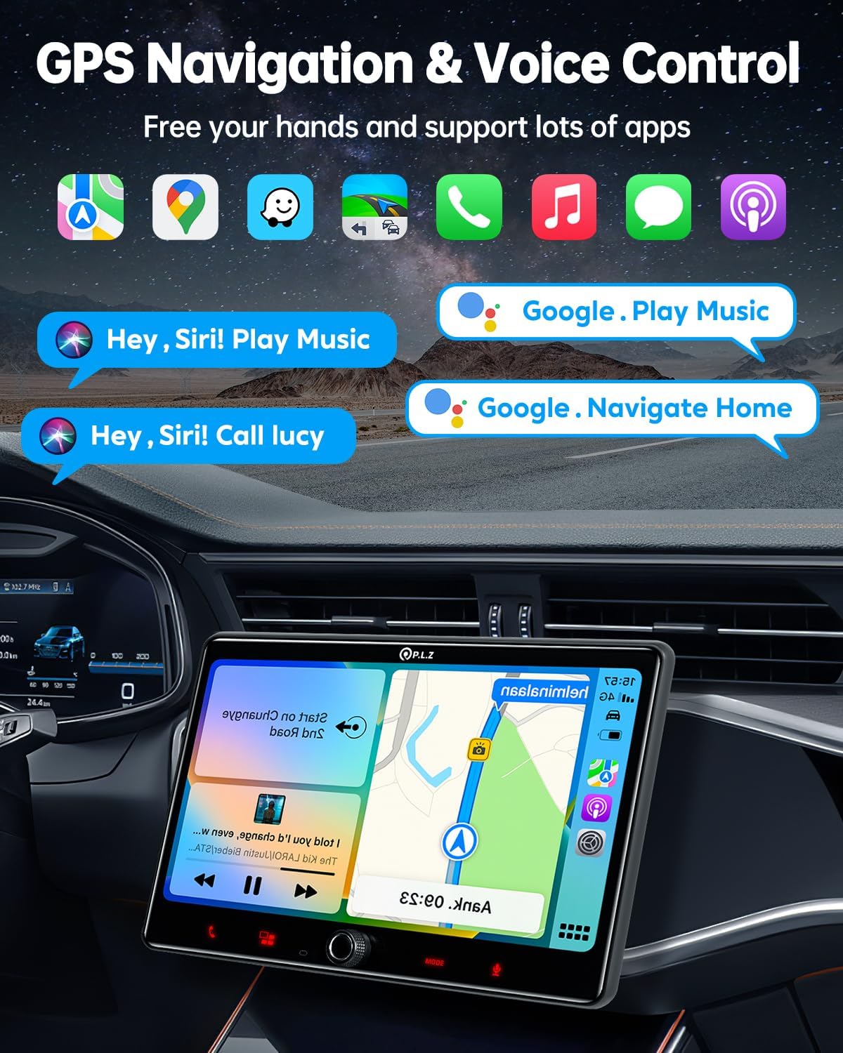 PLZ 10.1" Single Din Car Stereo Wireless Apple Carplay Android Auto Radio, Car Play Touch Screen, Bluetooth 5.3 Car Audio Receiver, 4.2 Channel 240W, Subwoofers, Navigation, FM/AM, SWC, Backup Camera