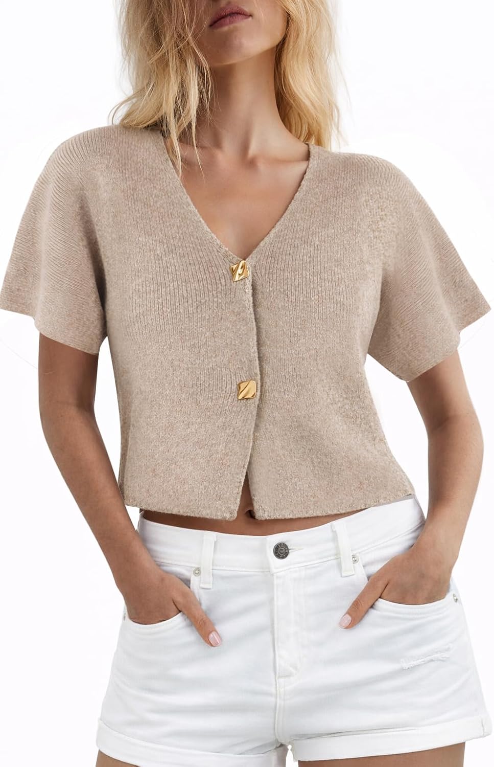 Women’s Cropped Knit Cardigan Top, Short Sleeve V Neck Button Front Knit Sweater, Casual Lightweight Soft Spring Summer Top