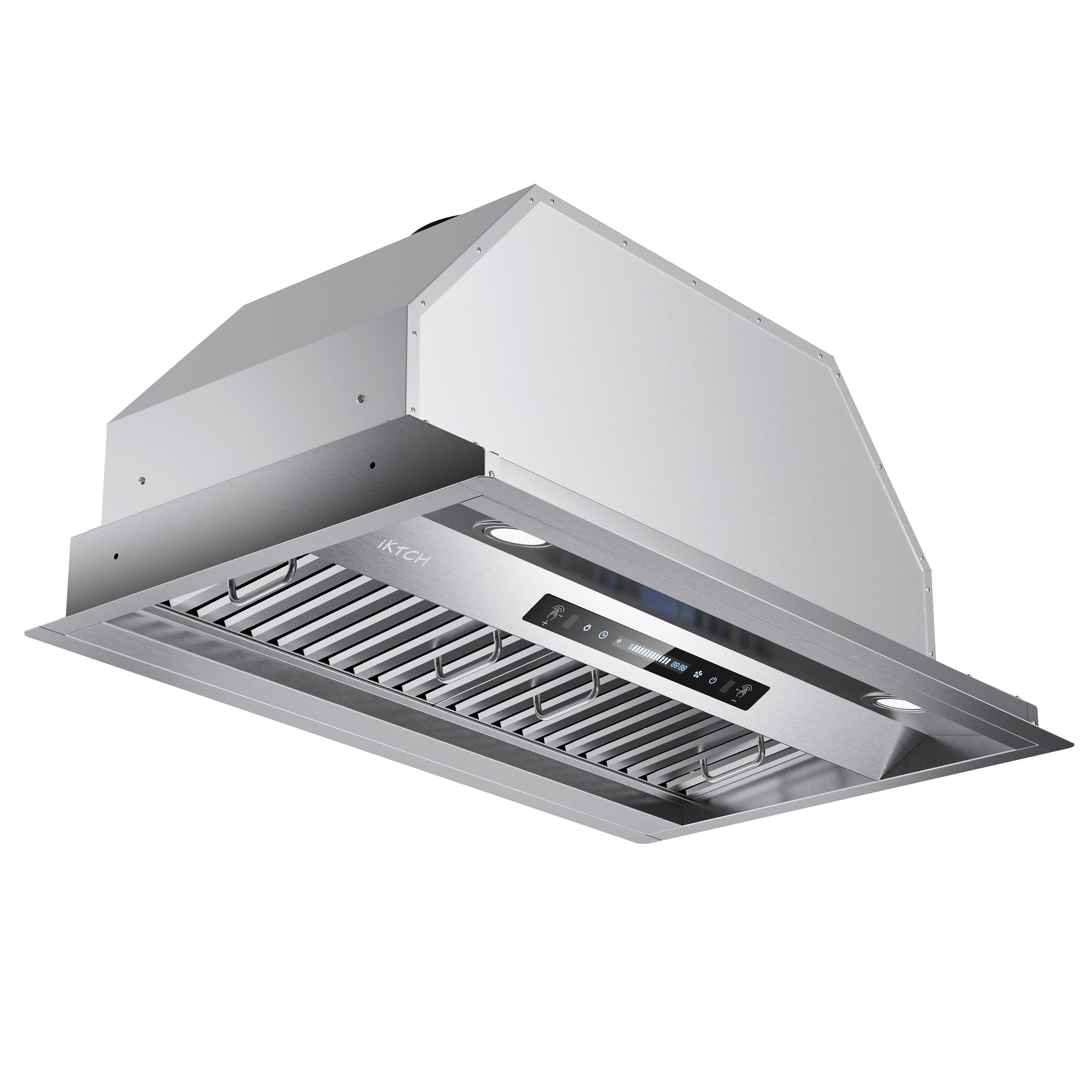 IKTCH 30 inch Built-in/Insert Range Hood 900 CFM, Ducted/Ductless Convertible Duct, Stainless Steel Kitchen Vent Hood with 2 Pcs Adjustable Lights and 2 Pcs Baffle Filters with Handlebar(IKB02-30'')