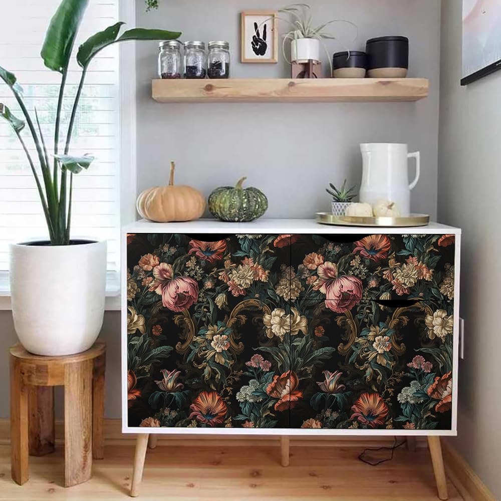 18"x236" Vintage Dark Gothic wildlfower Peel and Stick Self Adhesive Wallpaper Removable Contact Paper Stick on Easy Peel Off Wall Paper for Kitchen Bedroom Bathroom Renter