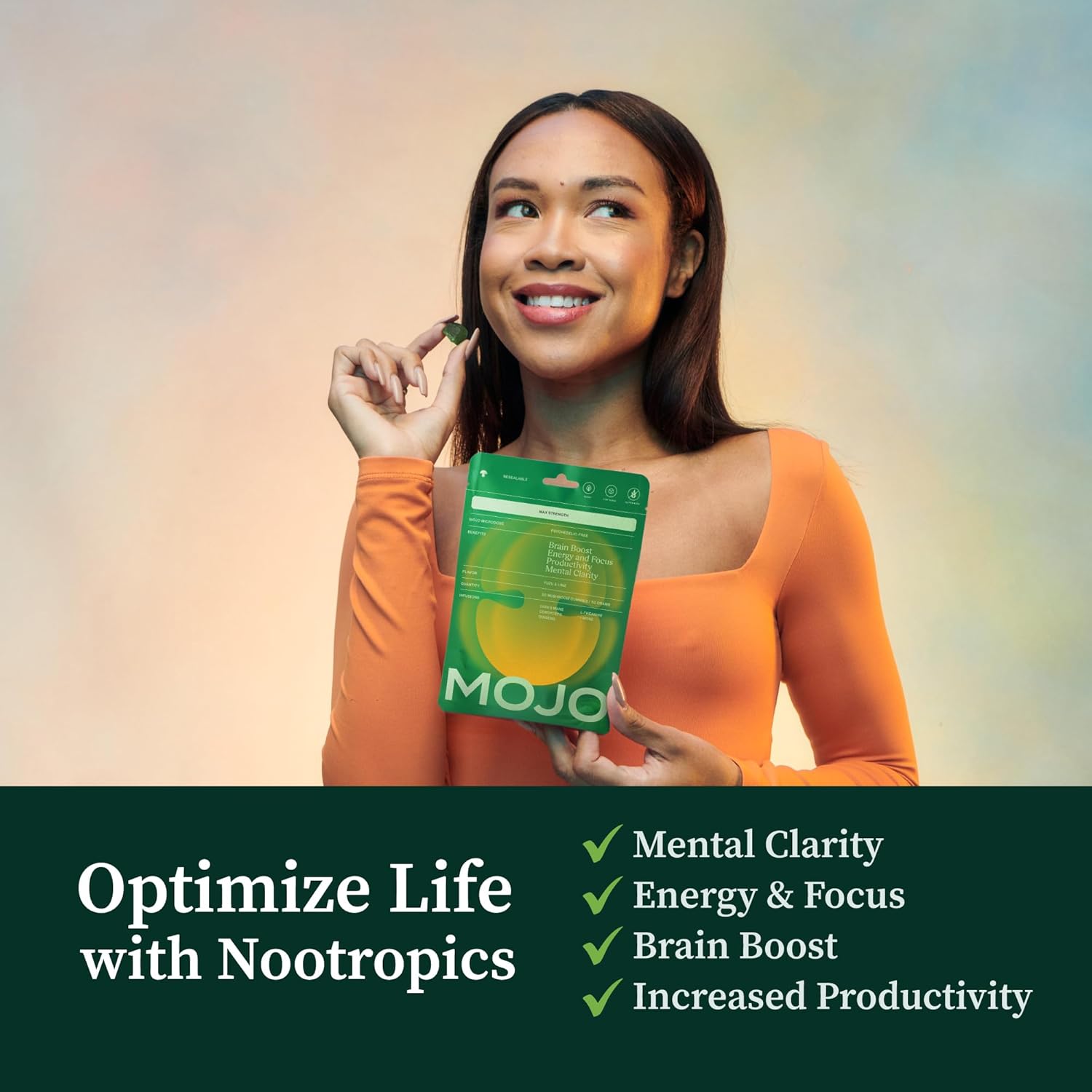 Mojo Extra Strength Focus Gummies with Lion’s Mane, Cordyceps, Ginseng & L-Theanine - Mushroom Gummies Brain Supplement for Adults, Memory/Energy Support, Focus Fuel, Yuzu Lime (2 Pack)