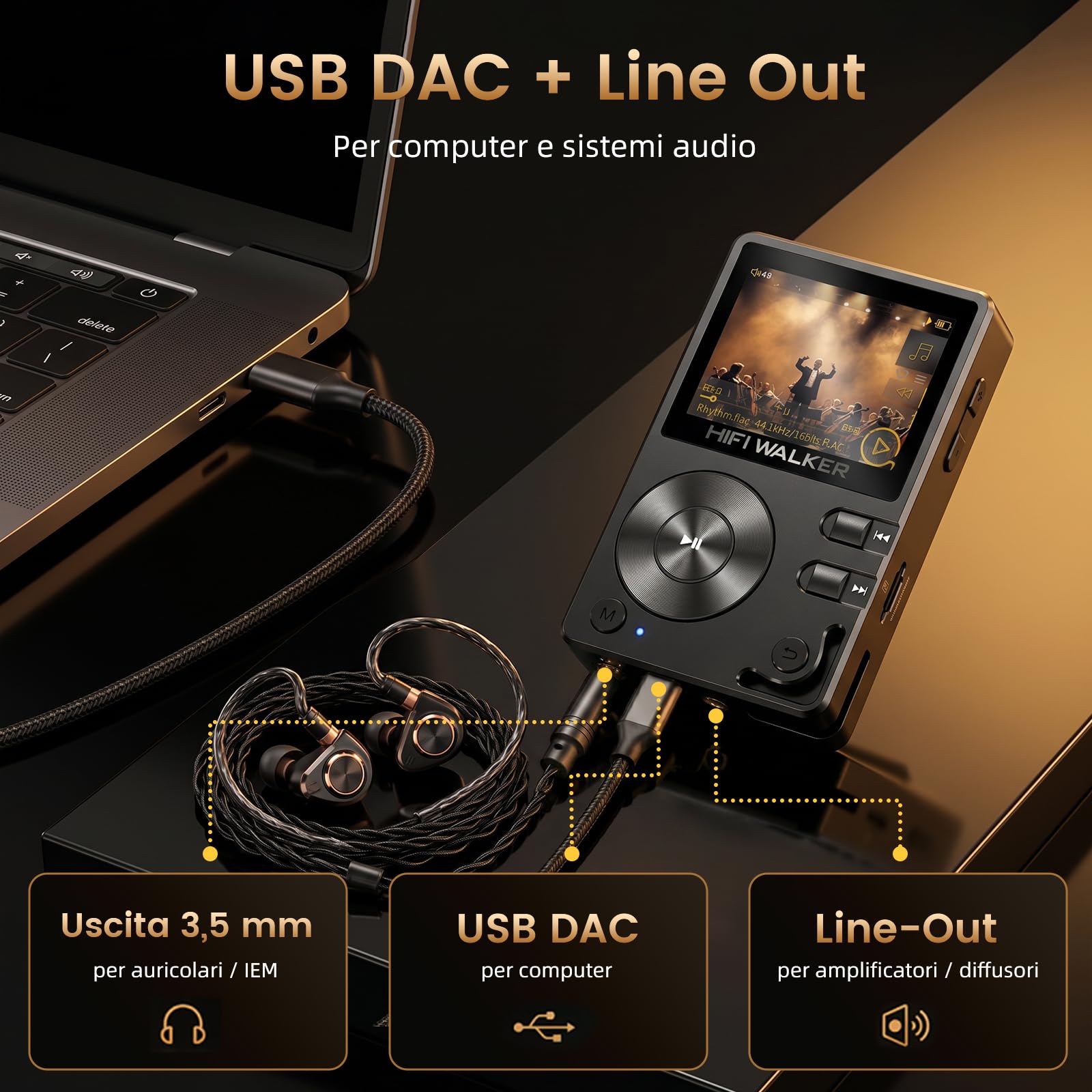 HIFI WALKER Lettore MP3 HiFi H2 con Bluetooth, Lossless DSD DAC Flac, lettore musicale ad alta risoluzione, lettore audio portatile con scheda di memoria da 64 GB, supporta fino a 256 GB